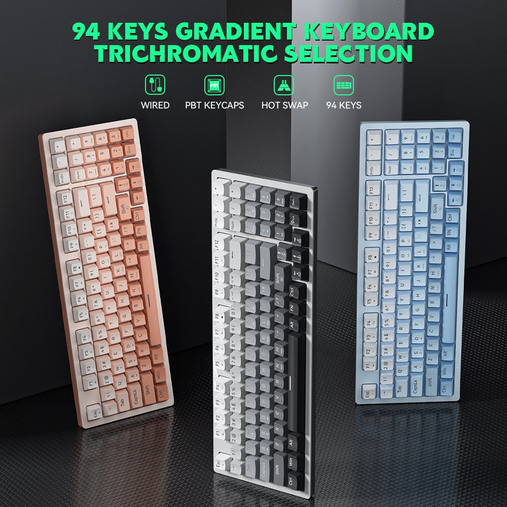 90% Keyboard 94 Keys Hot Swappable Blue Red Switch PBT Keycaps Computer Gaming USB Wired Blue Light Led Mechanical Keyboard