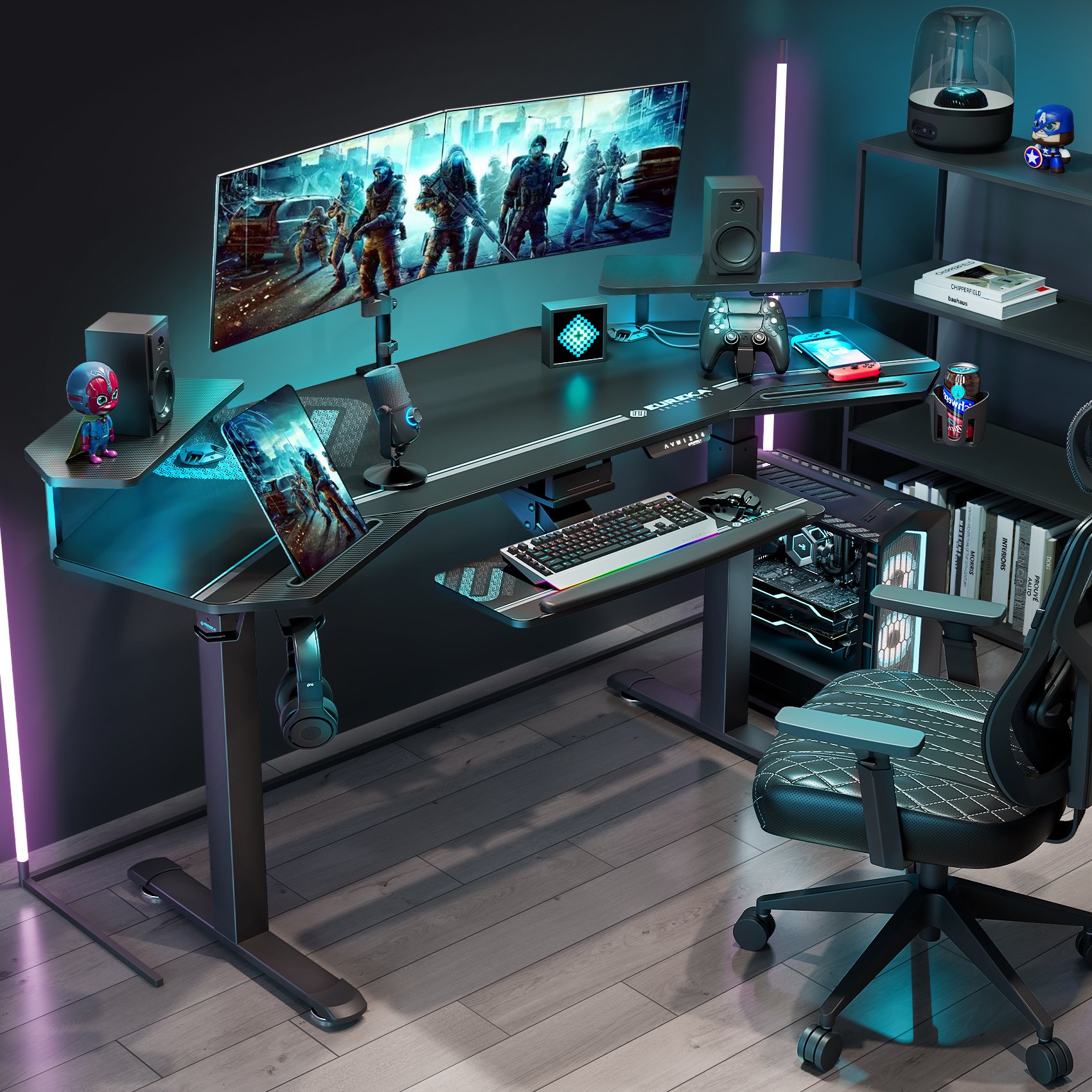 With Keyboard Tray 72'' Standing Desk Large Wing Shaped Gaming Desks with LED Convertible Shelves Game Table