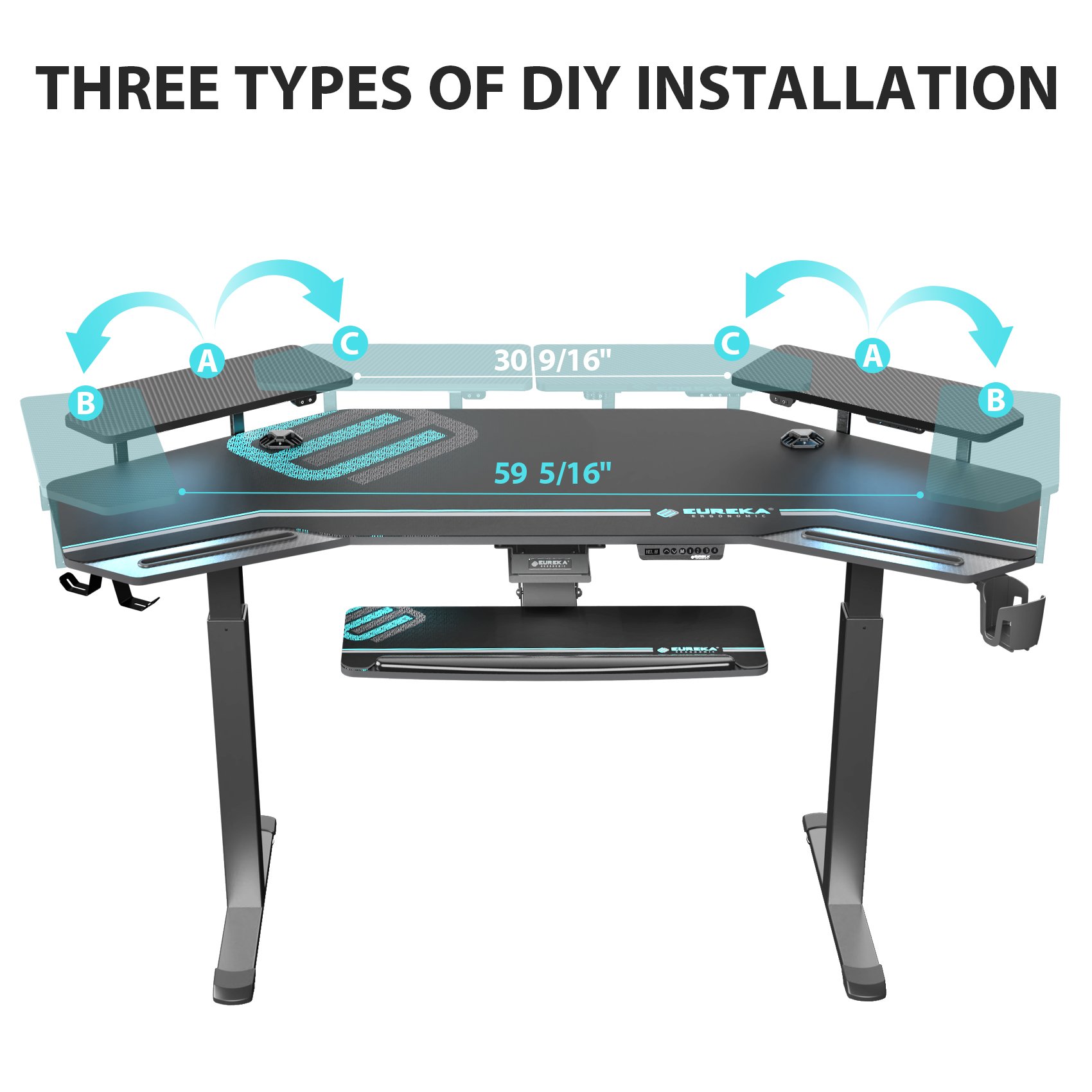 With Keyboard Tray 72'' Standing Desk Large Wing Shaped Gaming Desks with LED Convertible Shelves Game Table