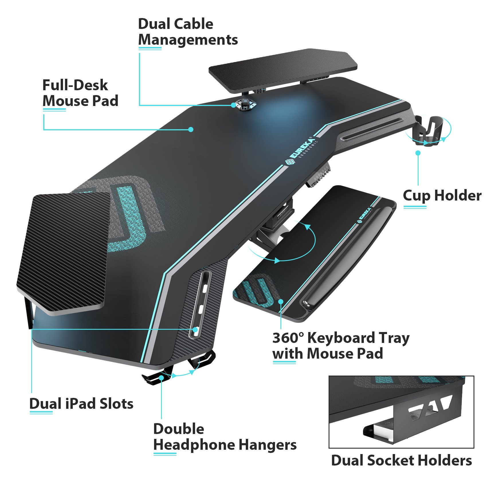 With Keyboard Tray 72'' Standing Desk Large Wing Shaped Gaming Desks with LED Convertible Shelves Game Table