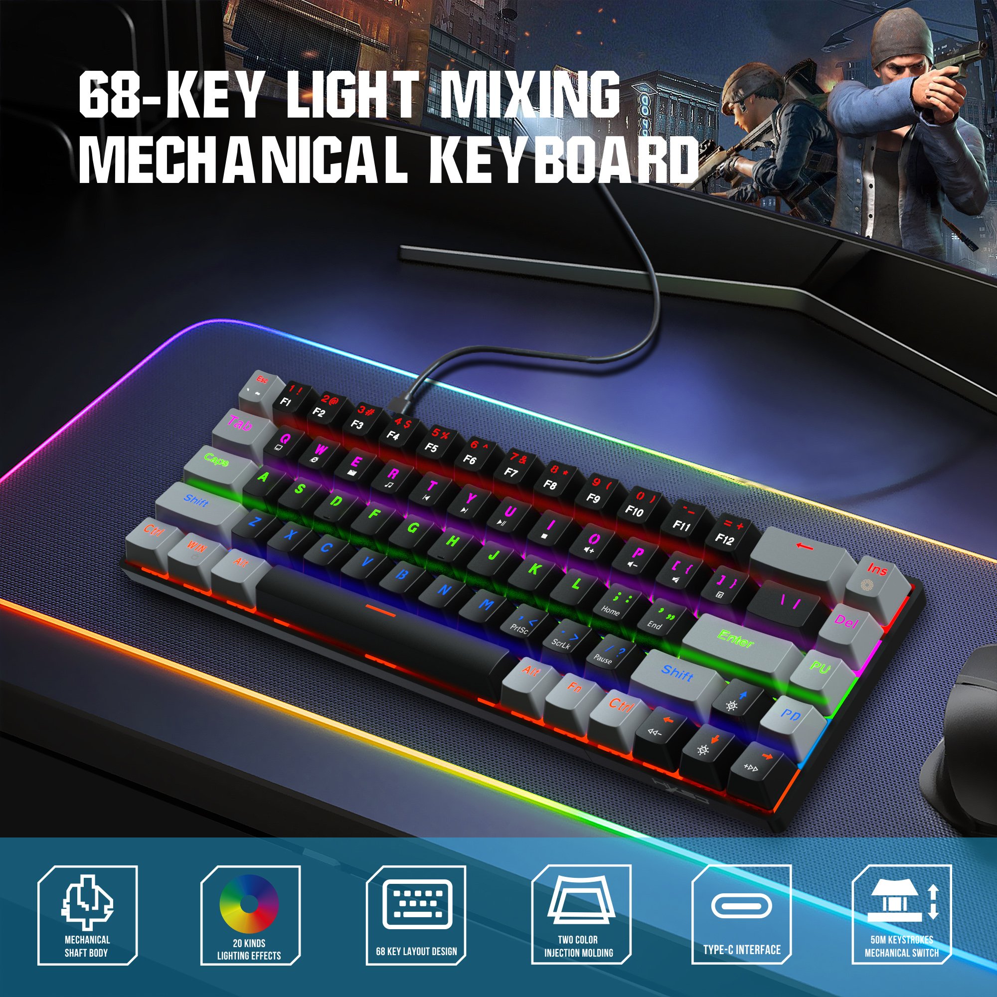 Wholesale 68 Key Gaming Keyboard Blue Switch Mini USB Wired LED Backlit Computer Mechanical Keyboard for PC Laptop Game/Office