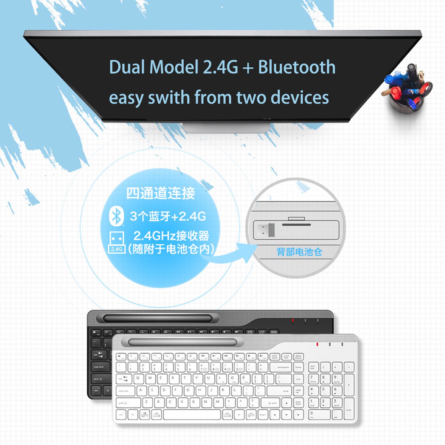 Office Slim Multi-Device Wireless Keyboard BT USB Receiver 24Month Battery Wireless Keyboard for PC Tablet Smartphone