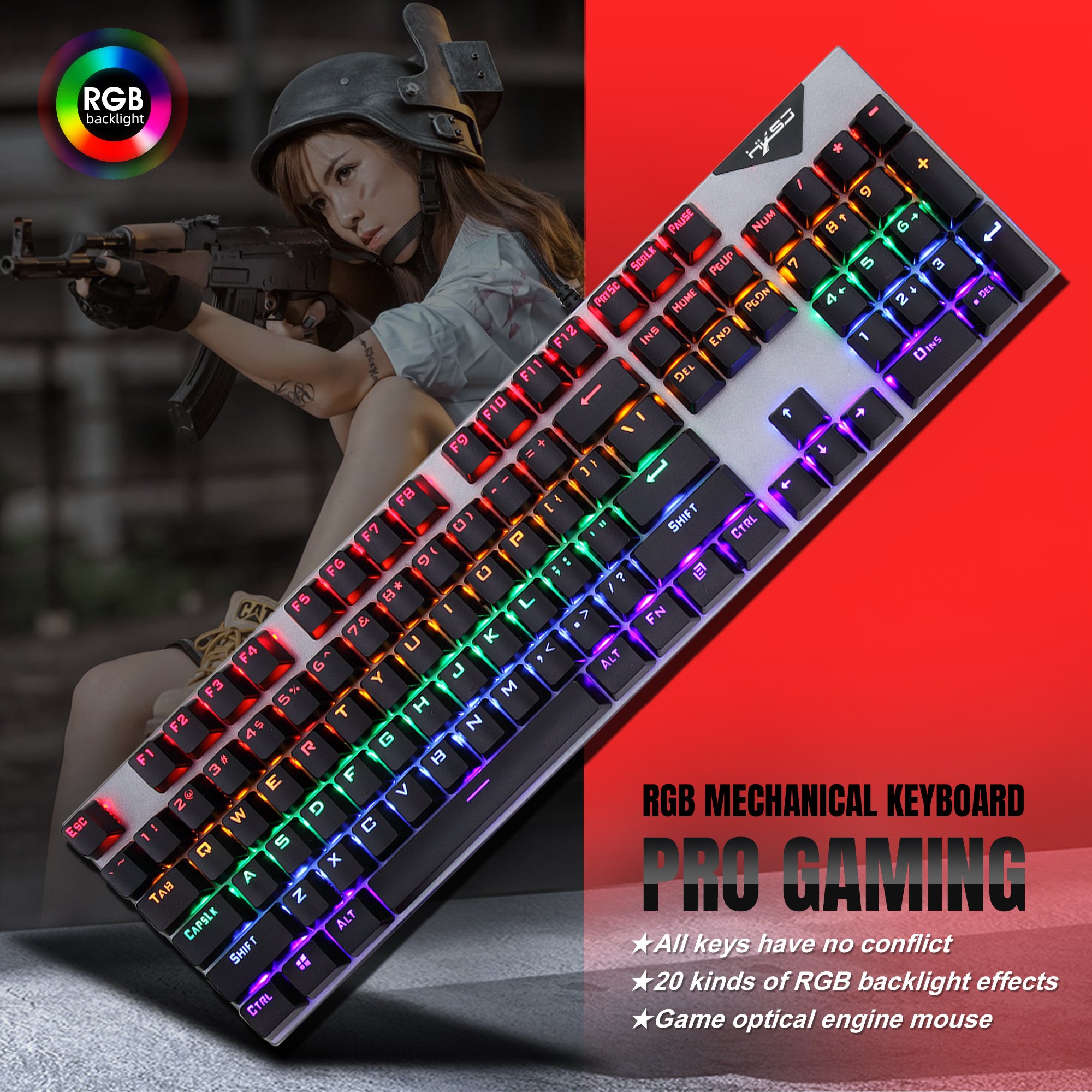 Custom OEM HXSJ L300 RGB glow Gaming Keyboard 104 Keys USB2.0 blue switch Wired game Mechanical Keyboard for computer pc