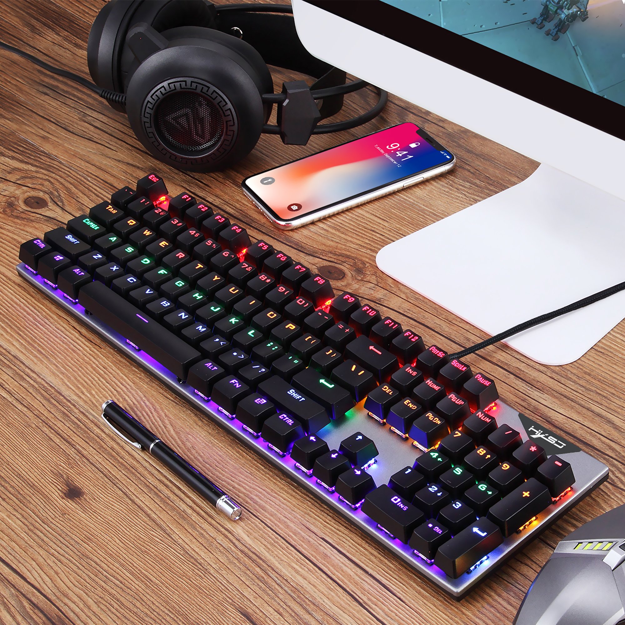 Custom OEM HXSJ L300 RGB glow Gaming Keyboard 104 Keys USB2.0 blue switch Wired game Mechanical Keyboard for computer pc