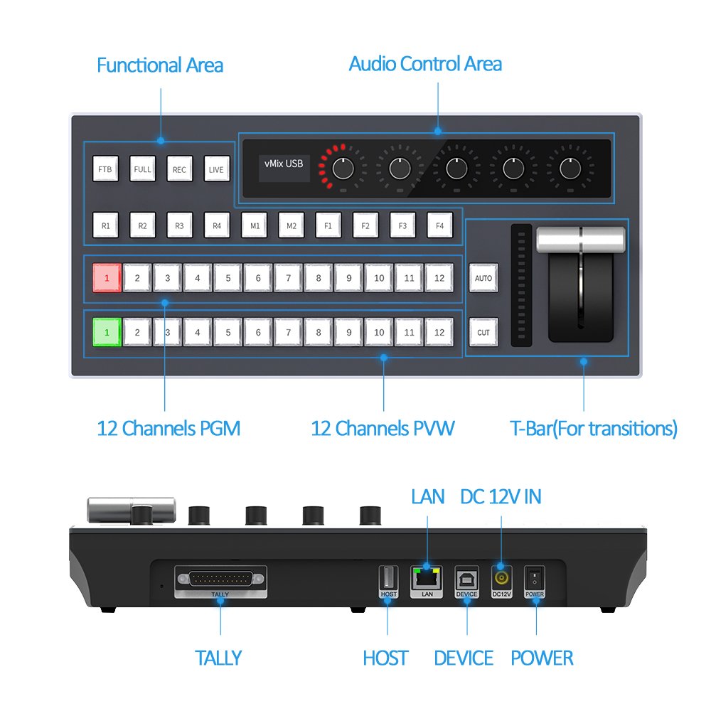 JJTS vMix 12-Channel Keyboard Controller Video Switch Mixer Panel Live Broadcast Video Switcher for vMix Software