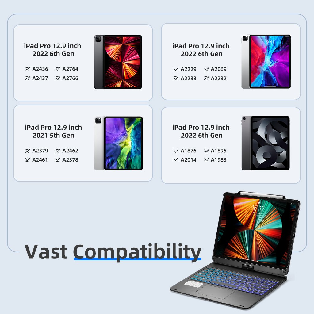 360 Degree Rotating Keyboard for iPad 12.9 BT Keyboard Case 12.9" 3-6 Generation Touch Wireless Cover