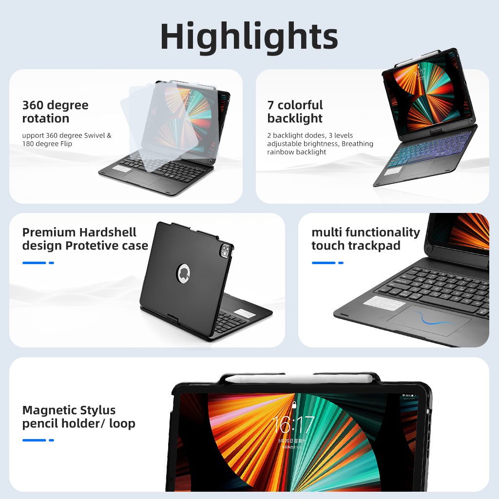 360 Degree Rotating Keyboard for iPad 12.9 BT Keyboard Case 12.9" 3-6 Generation Touch Wireless Cover