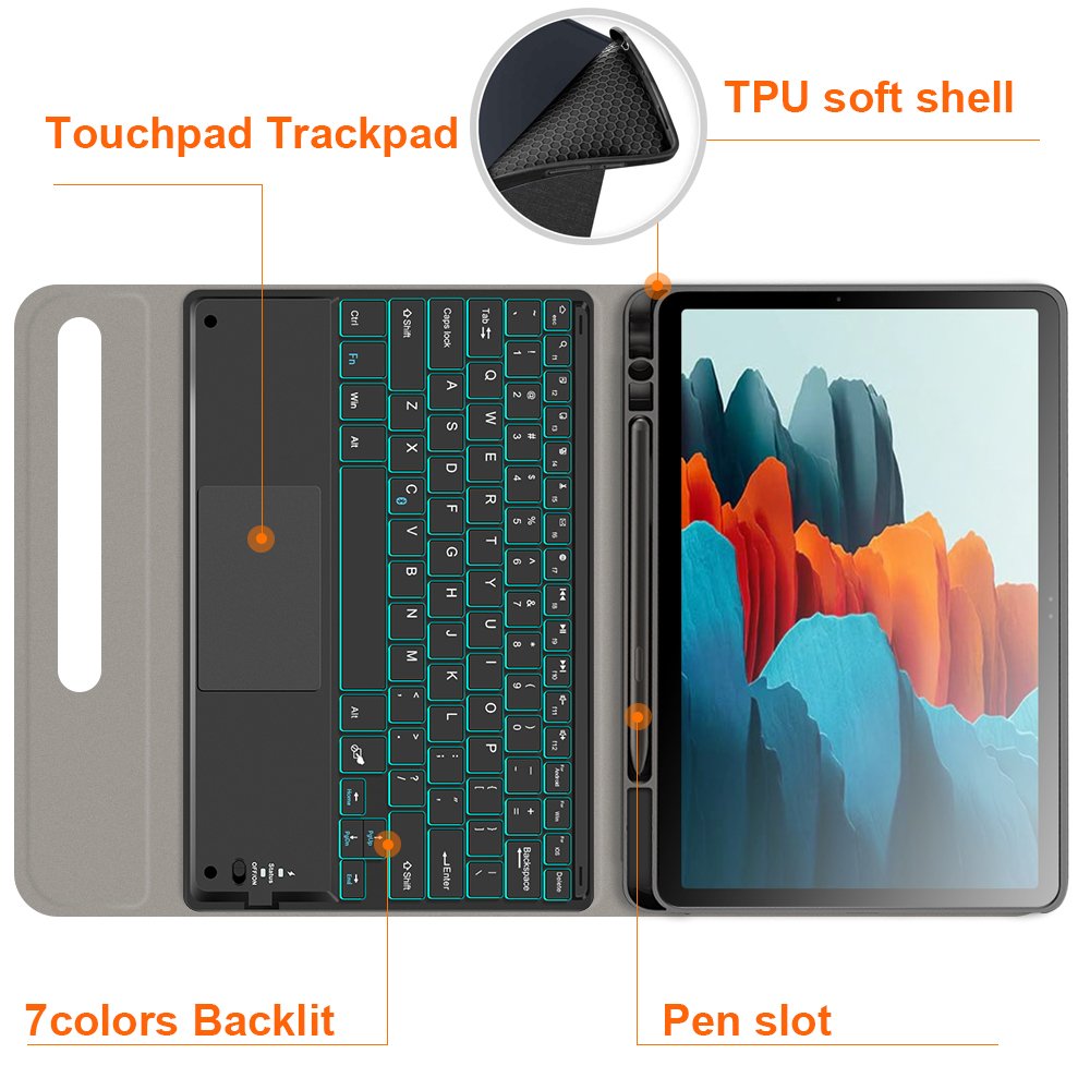 Smart Touchpad wireless keyboard case for Samsung Galaxy Tab S7 pencil holder cover with removeable keyboard Factory manufacture