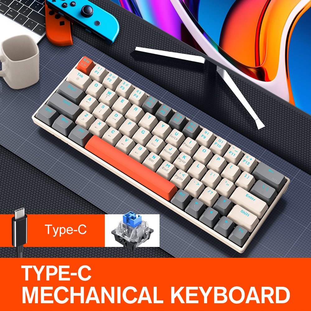 T-WOLF 60% RGB colorful hotswap 63keys blue switch mini gaming mechanical keyboard key-line seperate keyboard