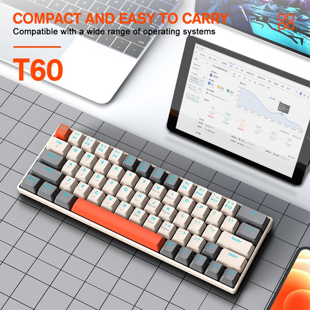 T-WOLF 60% RGB colorful hotswap 63keys blue switch mini gaming mechanical keyboard key-line seperate keyboard