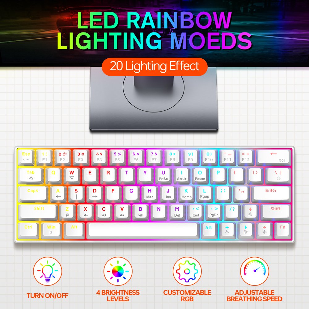 T-WOLF 60% RGB colorful hotswap 63keys blue switch mini gaming mechanical keyboard key-line seperate keyboard