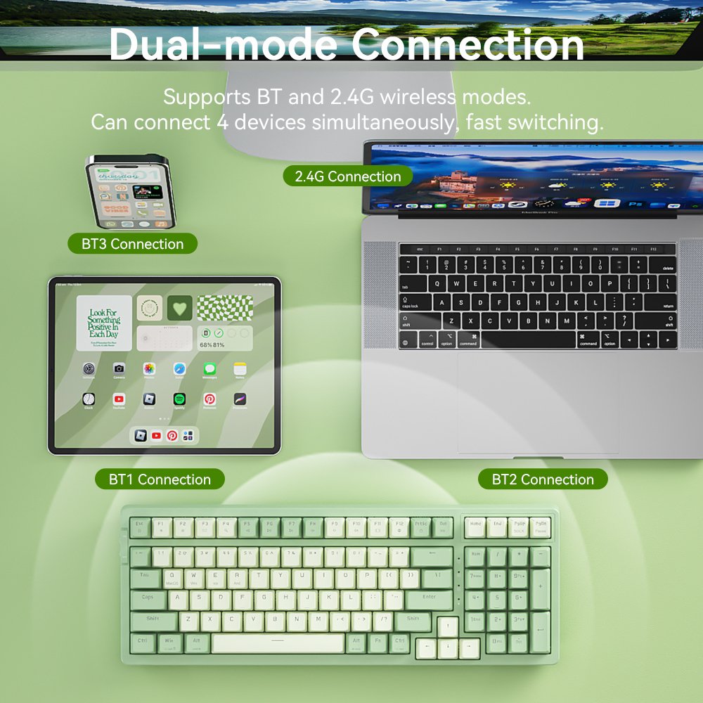 BOW Hot-swappable BT and 2.4G wireless Dual Mode Mechanical keyboard 100 Keys ABS Keycaps For Laptop Desktop