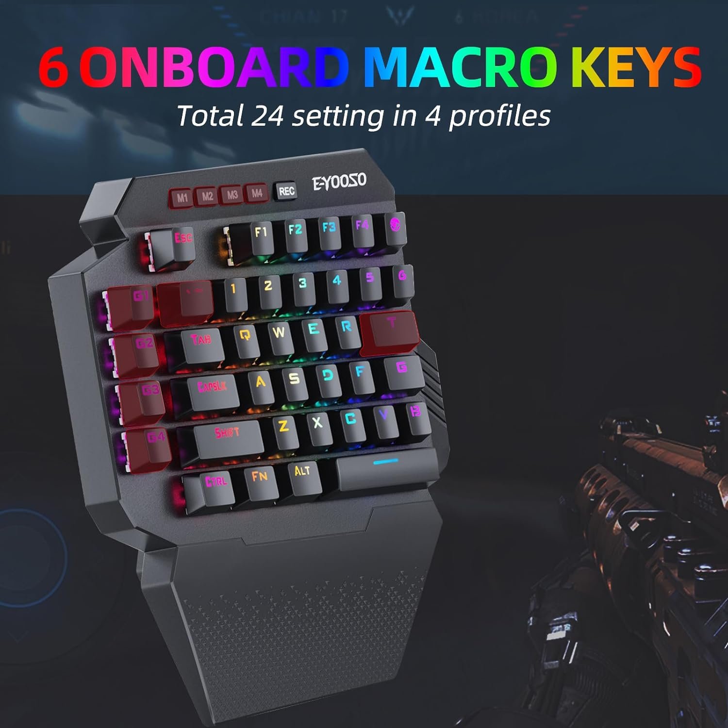 Wireless One Handed Mechanical Gaming Keyboard 6 Onboard Macro Keys 2.4Ghz and USB-C Wired RGB Led Backlit Red Switch Wrist Rest