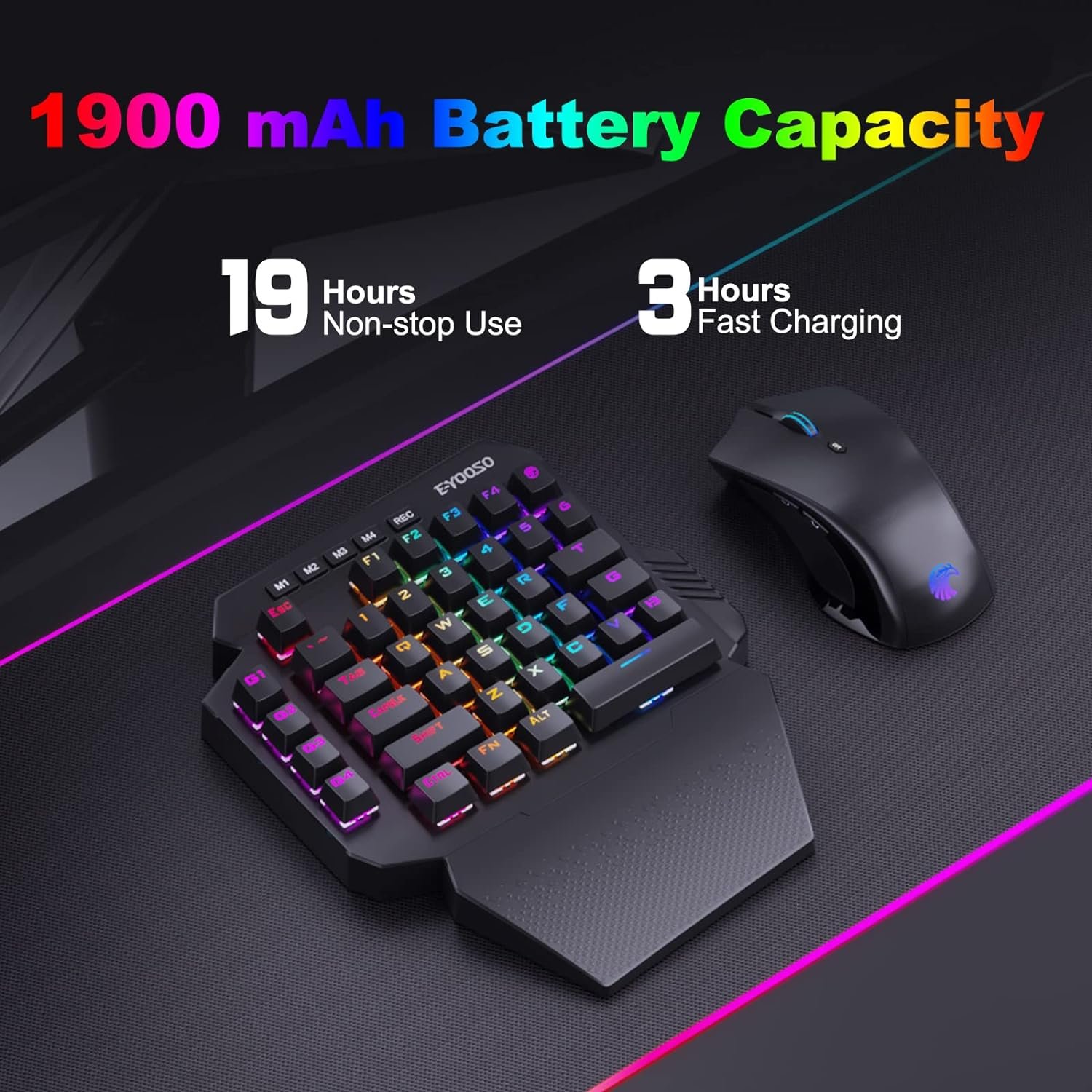 Wireless One Handed Mechanical Gaming Keyboard 6 Onboard Macro Keys 2.4Ghz and USB-C Wired RGB Led Backlit Red Switch Wrist Rest