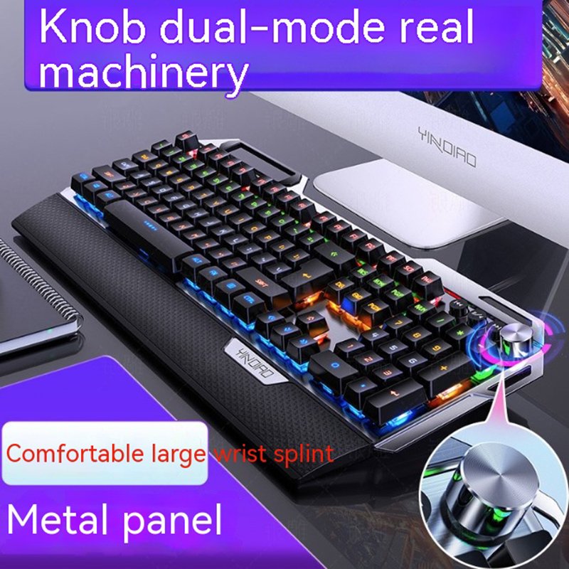 108keys USB wired Metal real game green axis knob RGB Backlight gaming mechanical keyboard with hand-held rest
