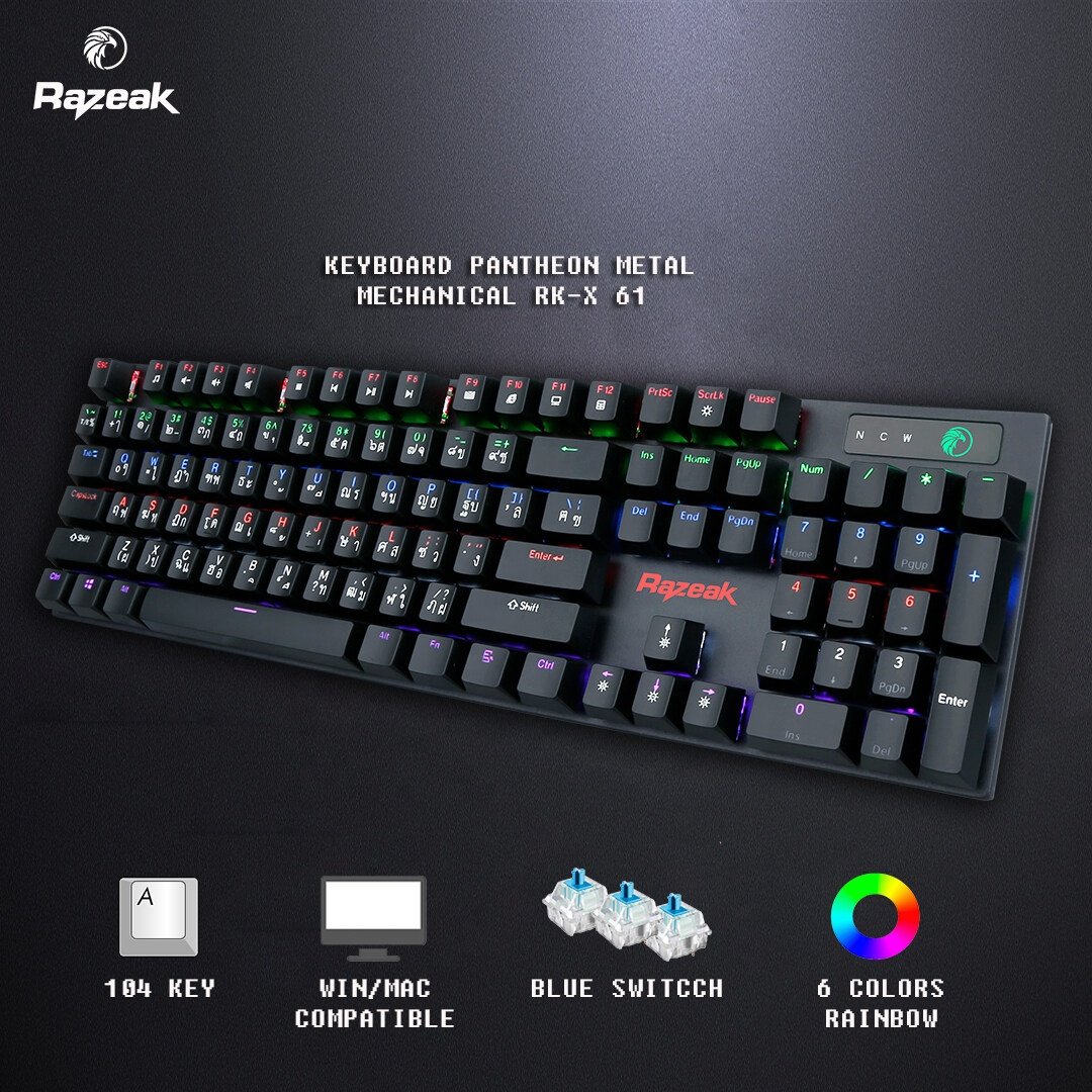 Razeak RK-X61 87/104 Keys Blue Switch Double Color Keycap Cool RGB Led Rainbow Backlit Wired Mechanical Gaming Keyboard for PC