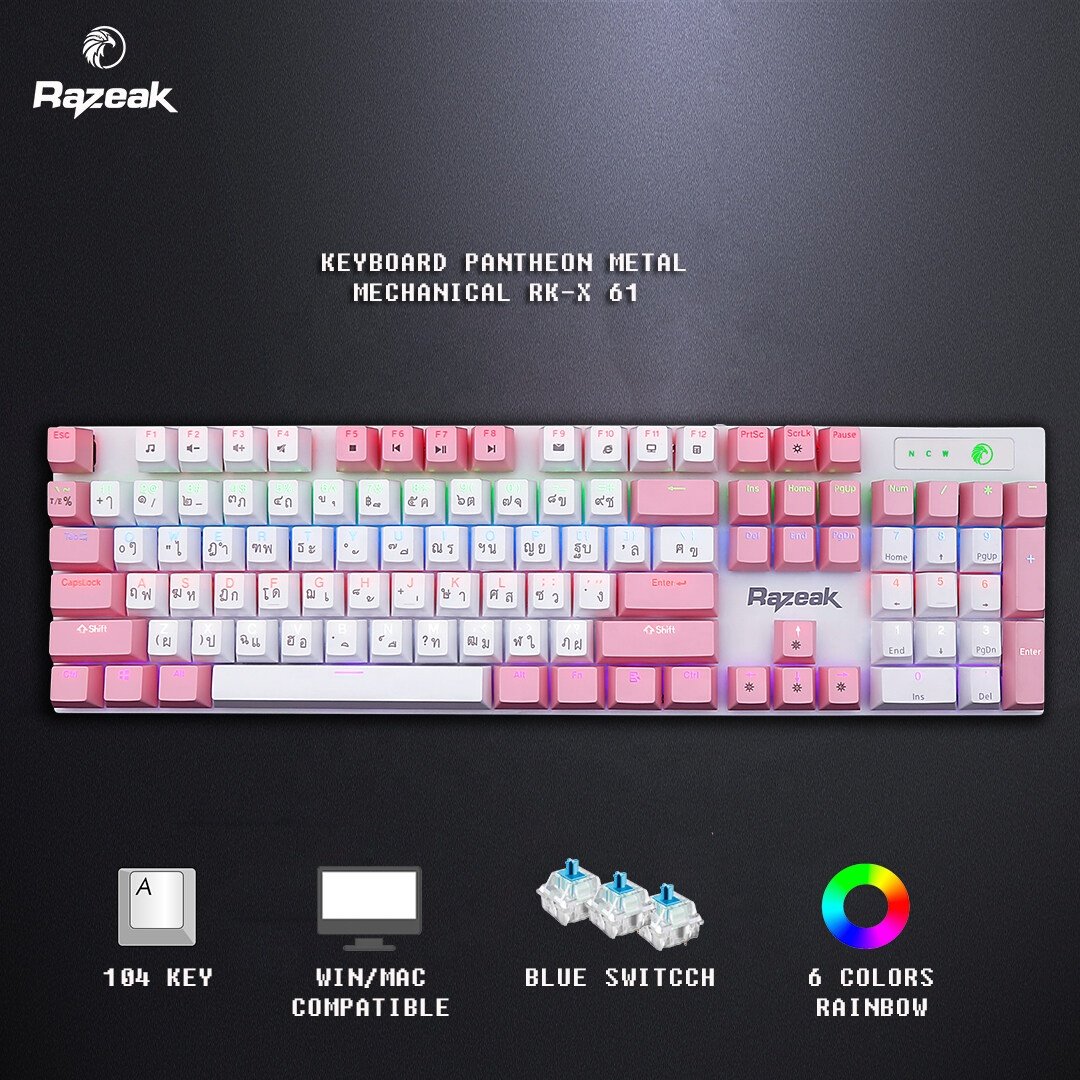 Razeak RK-X61 87/104 Keys Blue Switch Double Color Keycap Cool RGB Led Rainbow Backlit Wired Mechanical Gaming Keyboard for PC