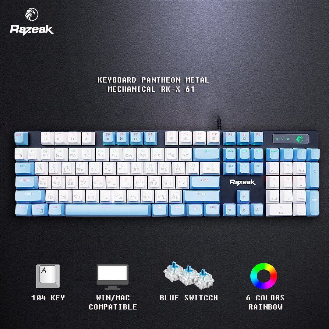 Razeak RK-X61 87/104 Keys Blue Switch Double Color Keycap Cool RGB Led Rainbow Backlit Wired Mechanical Gaming Keyboard for PC