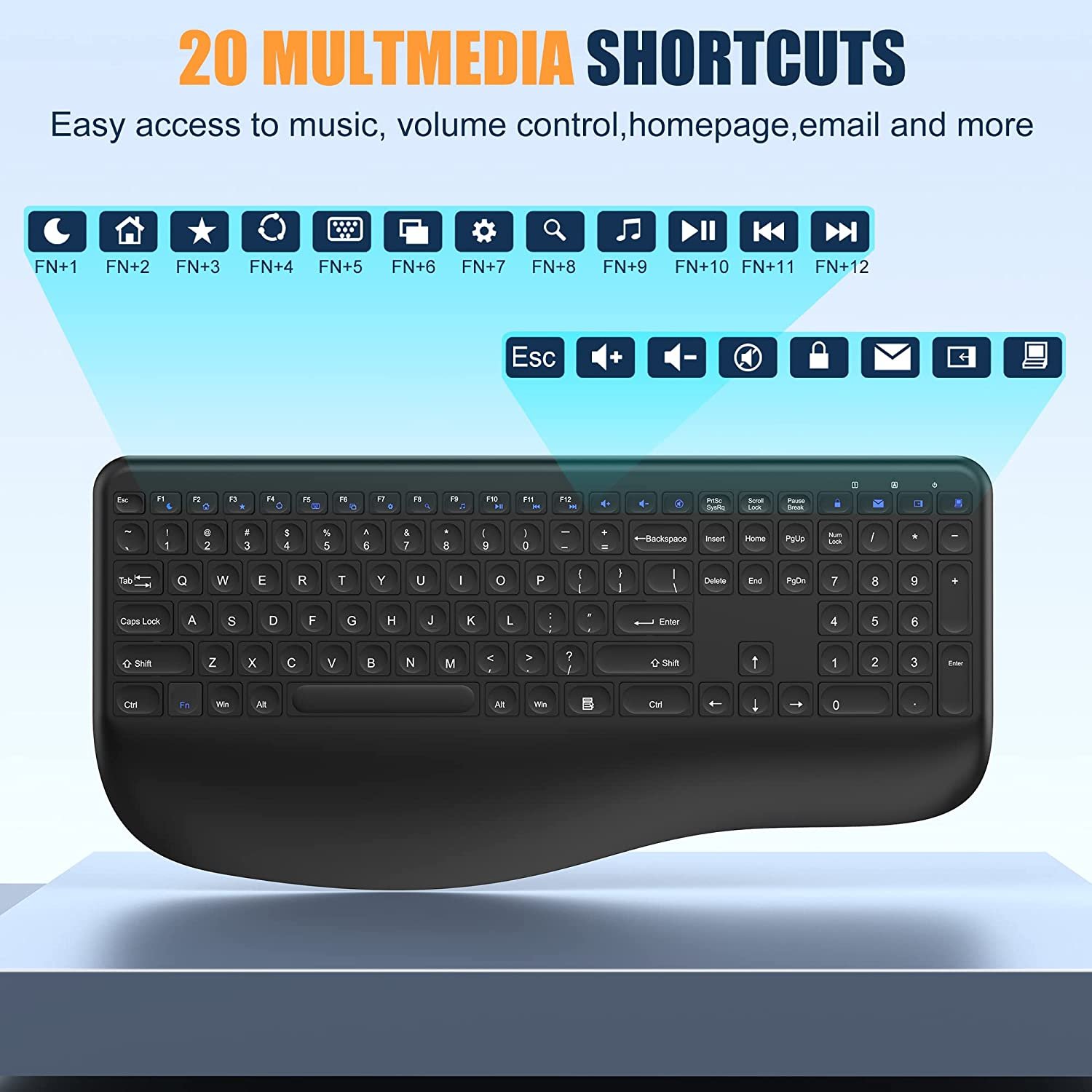 Rechargeable 2.4G Full Size Multimedia USB C Wrist Rest Ergonomic Wireless Computer Keyboard with 2-in-1 Receiver for Windows