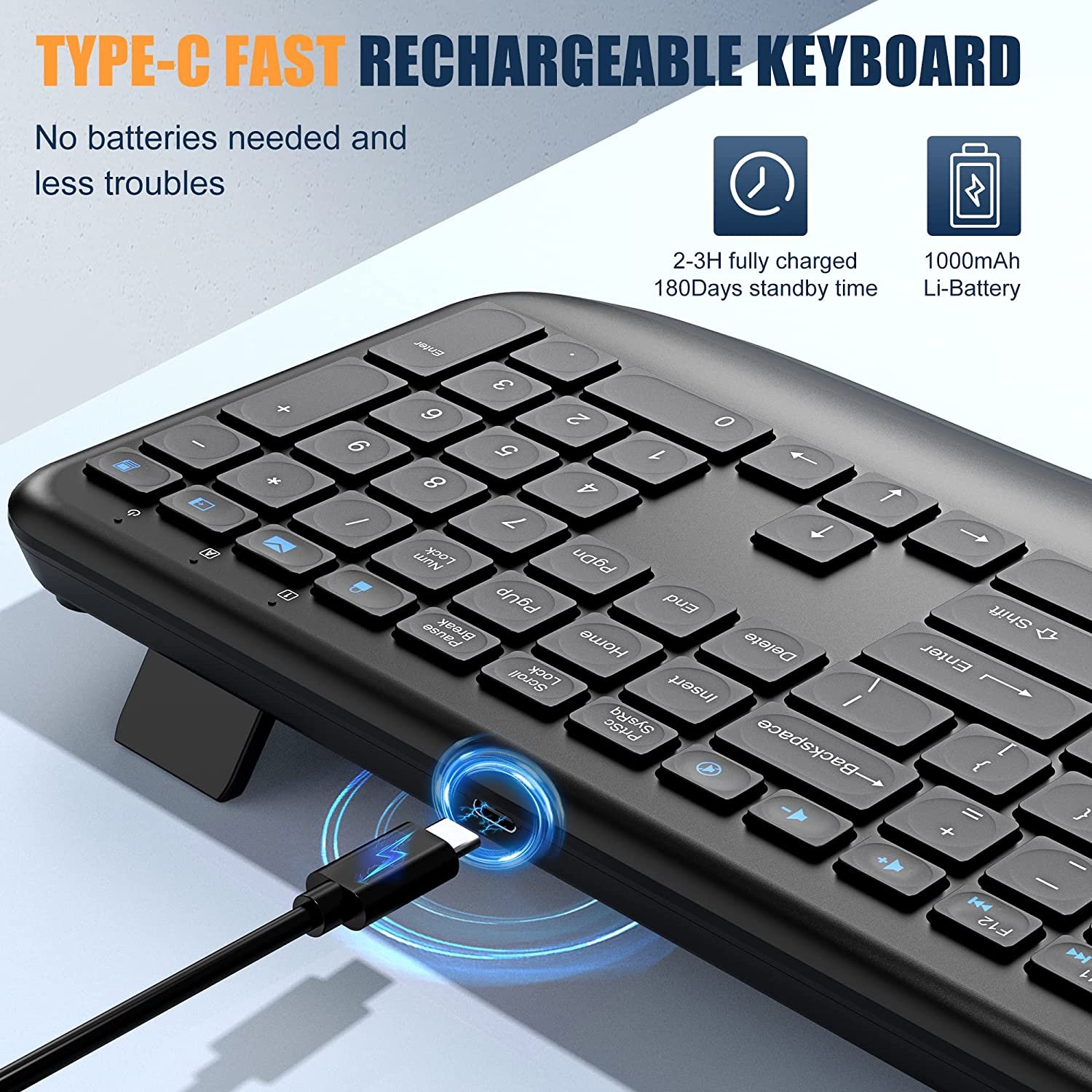 Rechargeable 2.4G Full Size Multimedia USB C Wrist Rest Ergonomic Wireless Computer Keyboard with 2-in-1 Receiver for Windows