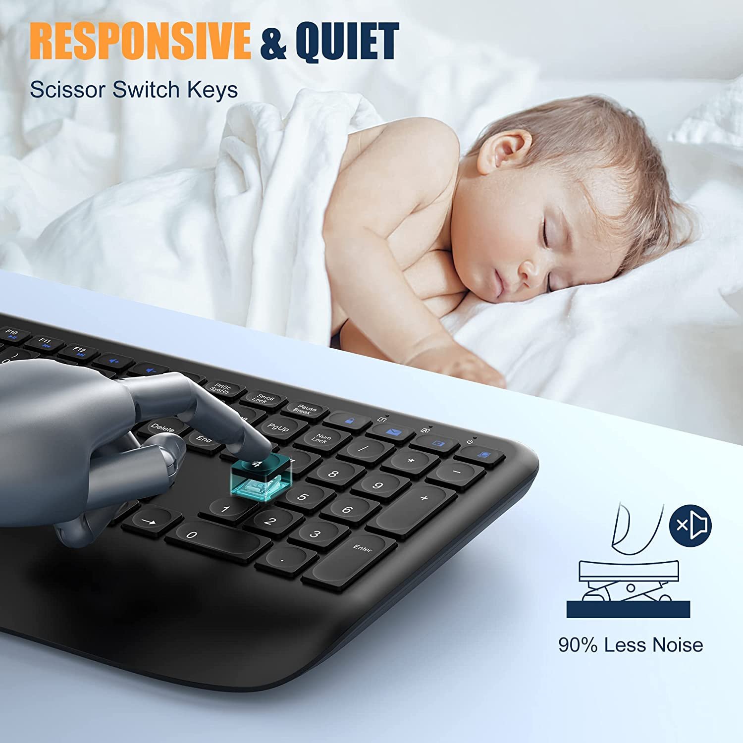 Rechargeable 2.4G Full Size Multimedia USB C Wrist Rest Ergonomic Wireless Computer Keyboard with 2-in-1 Receiver for Windows
