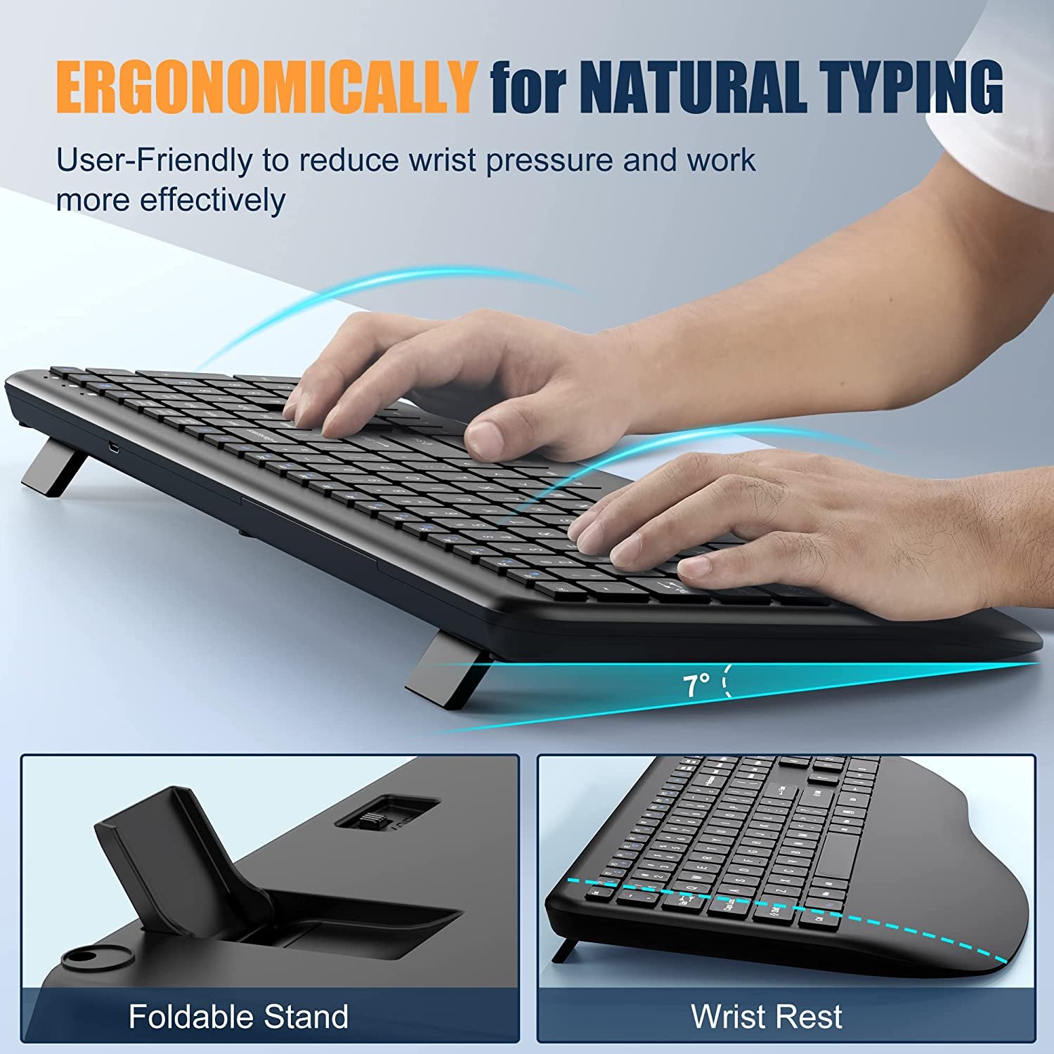 Rechargeable 2.4G Full Size Multimedia USB C Wrist Rest Ergonomic Wireless Computer Keyboard with 2-in-1 Receiver for Windows