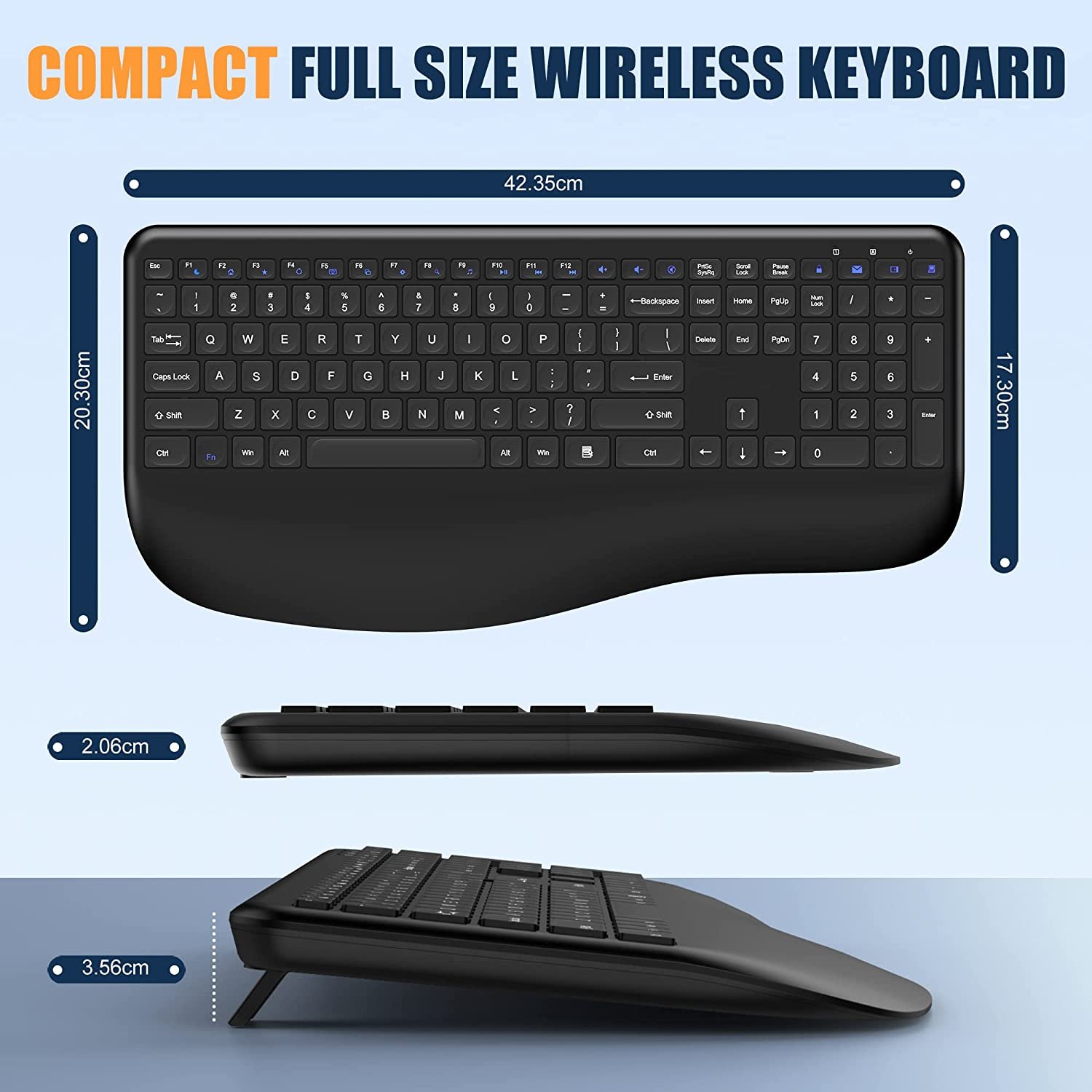 Rechargeable 2.4G Full Size Multimedia USB C Wrist Rest Ergonomic Wireless Computer Keyboard with 2-in-1 Receiver for Windows