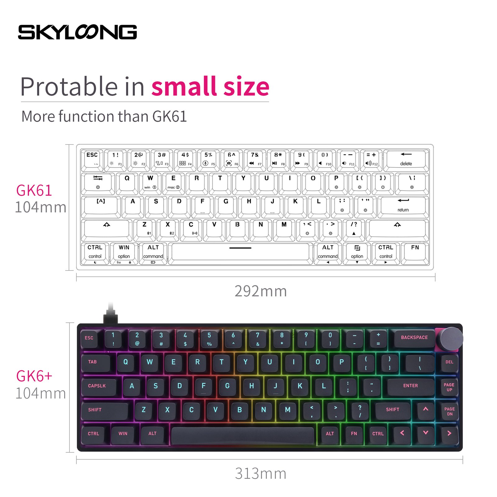 SKYLOONG new 68keys GK6+ hotswappable gaming mechanical keyboard with knob for mac/win