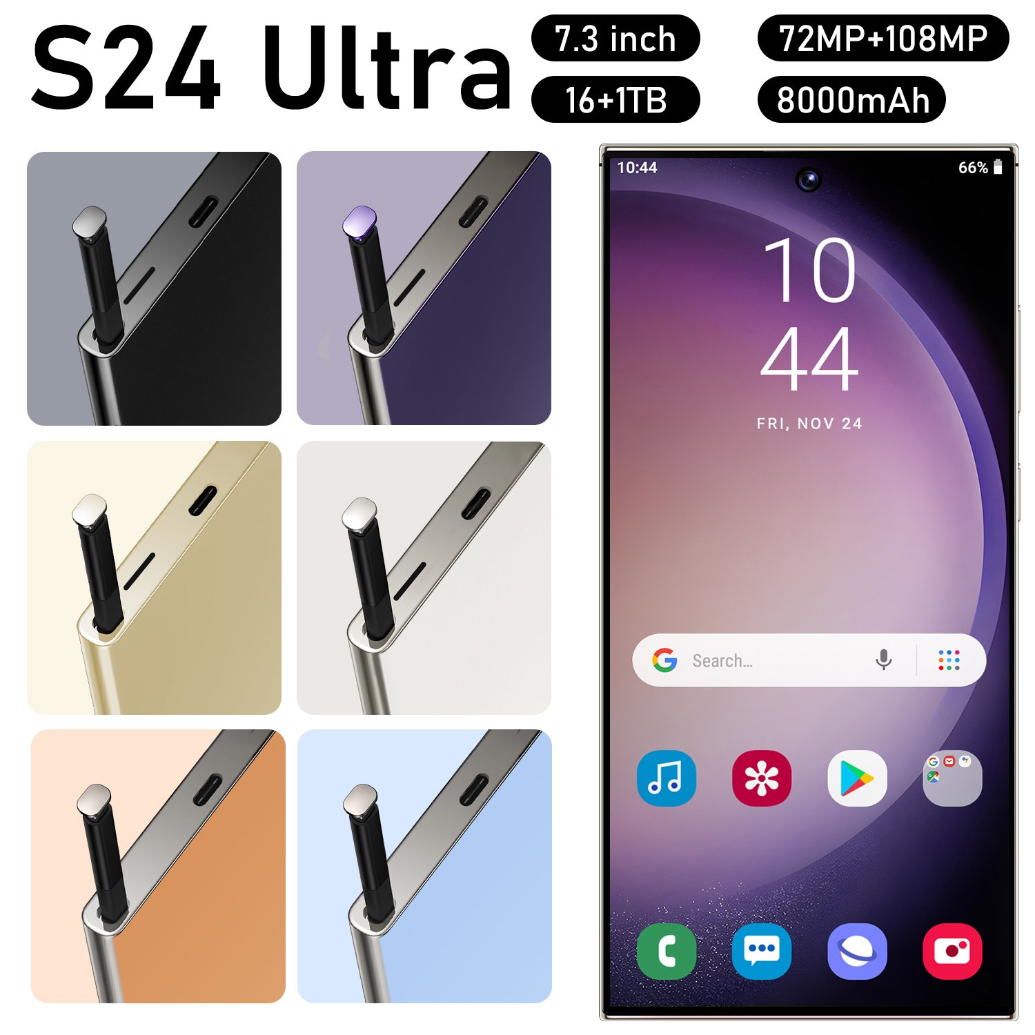 Best Selling Original Brand New S24Phone 7.3 Inch 4G 5G Smartphone with Stylus Pen 4 Cameras Facial Recognition Unlock Phone