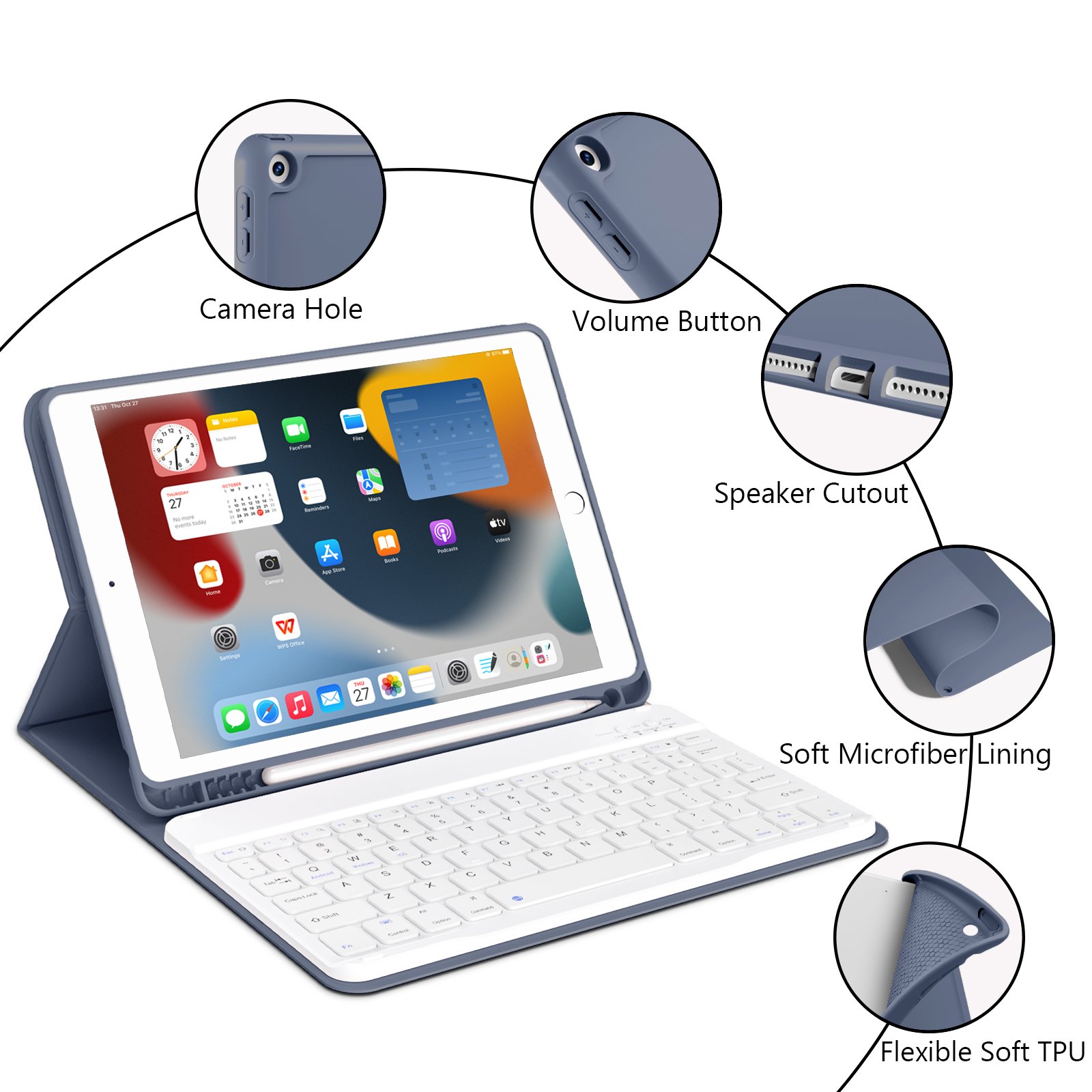 Kenke Portable Ipad 10.2 Cover Wireless Keyboard Built In Pencil Holder Detachable Tablet Keyboard Case For Ipad 789 10.2 Inch