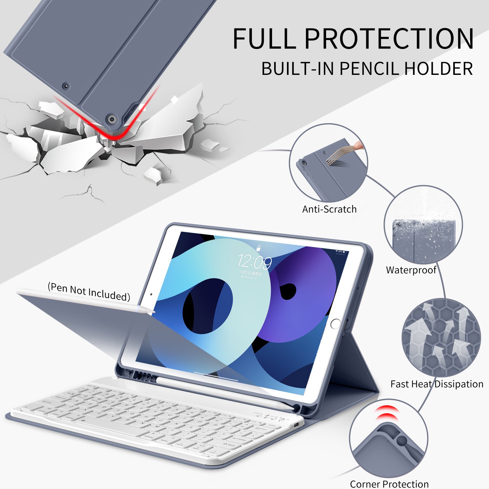 Kenke Portable Ipad 10.2 Cover Wireless Keyboard Built In Pencil Holder Detachable Tablet Keyboard Case For Ipad 789 10.2 Inch