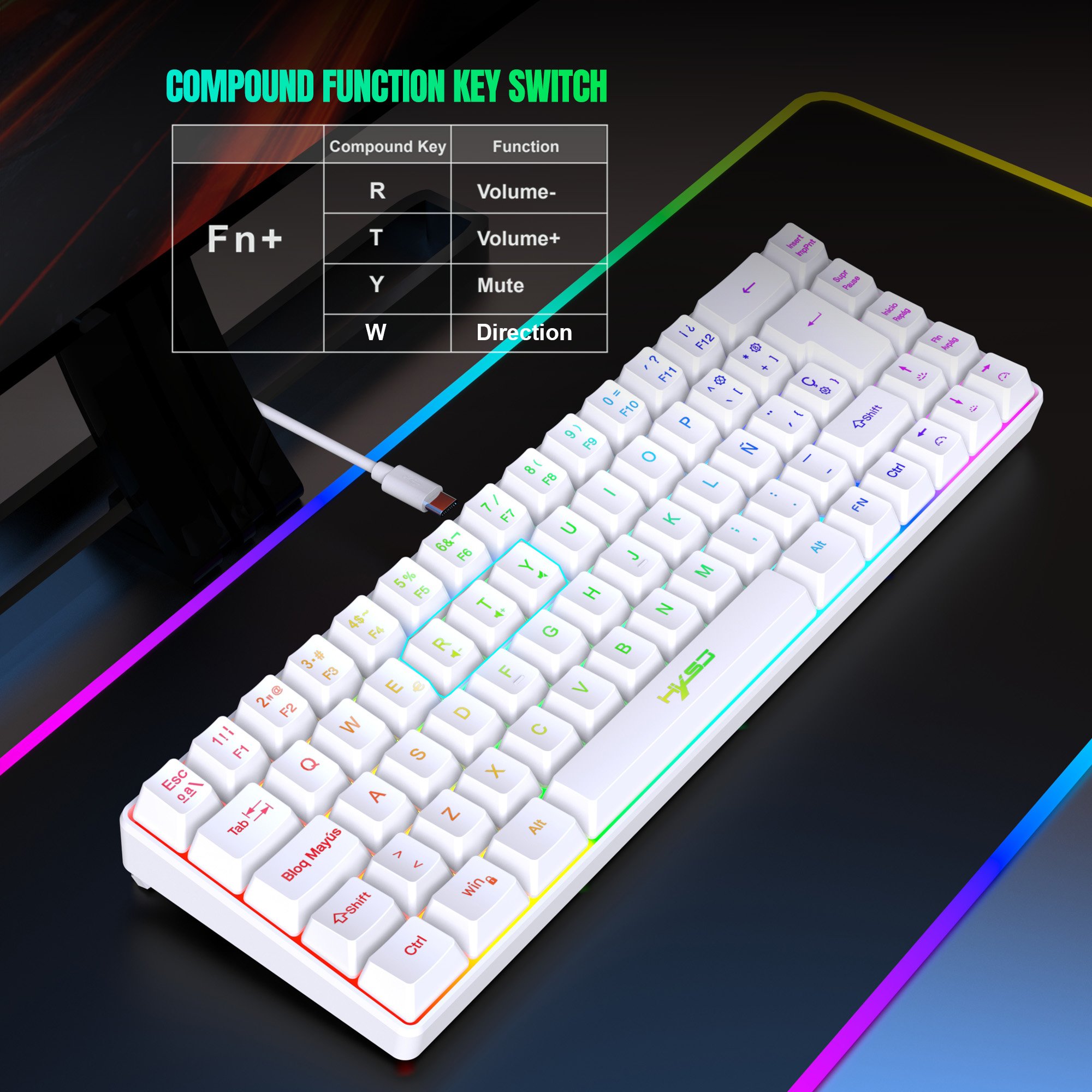 New arrival HXSJ V200 68-key Spanish durable slient RGB luminous ABS two-color injection Type-C gaming keyboard for laptop pc