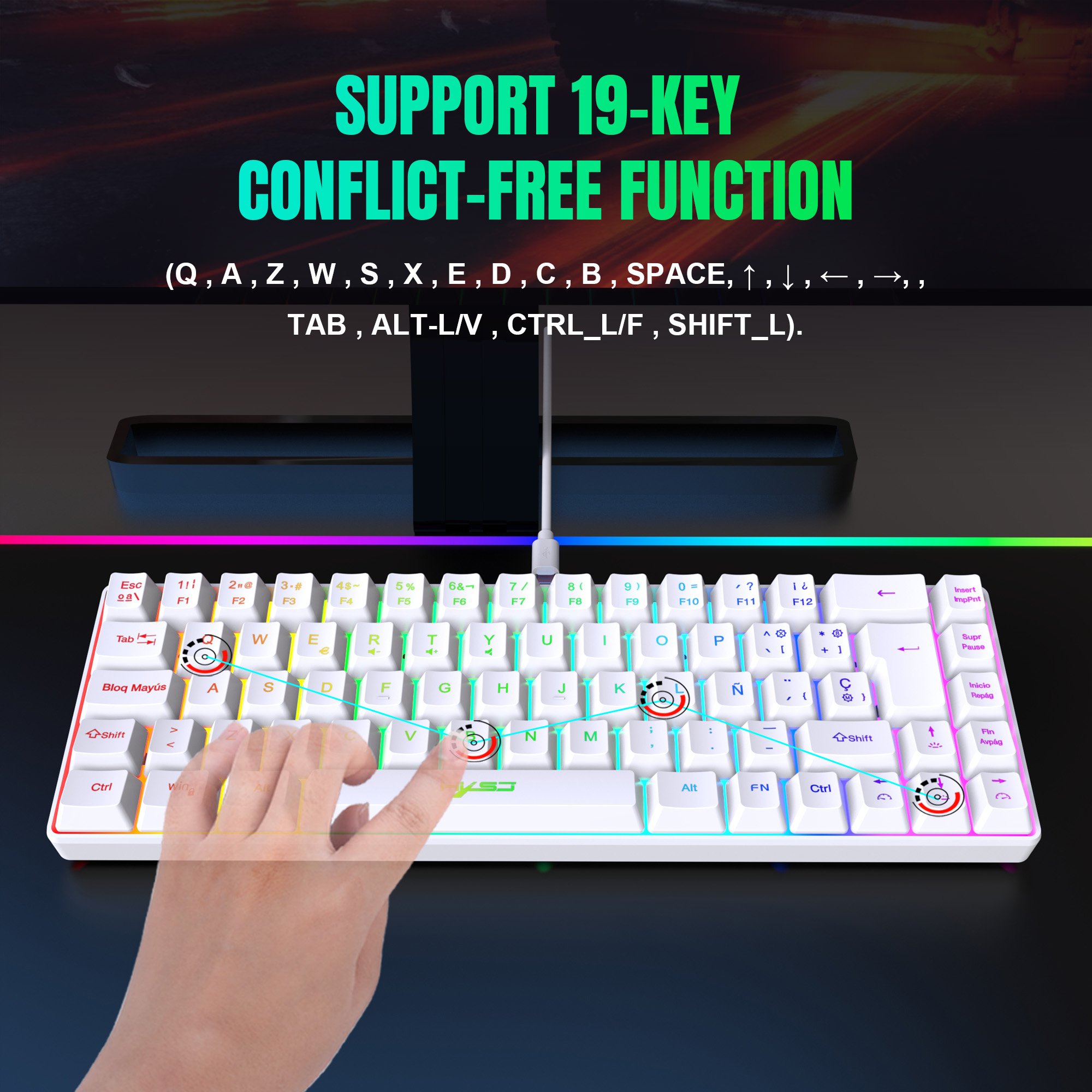 New arrival HXSJ V200 68-key Spanish durable slient RGB luminous ABS two-color injection Type-C gaming keyboard for laptop pc