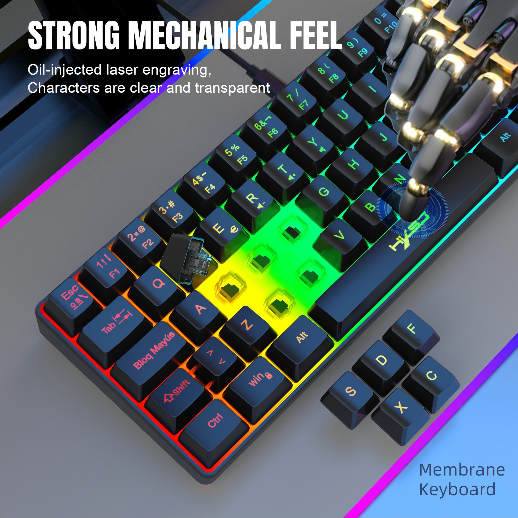 New arrival HXSJ V200 68-key Spanish durable slient RGB luminous ABS two-color injection Type-C gaming keyboard for laptop pc