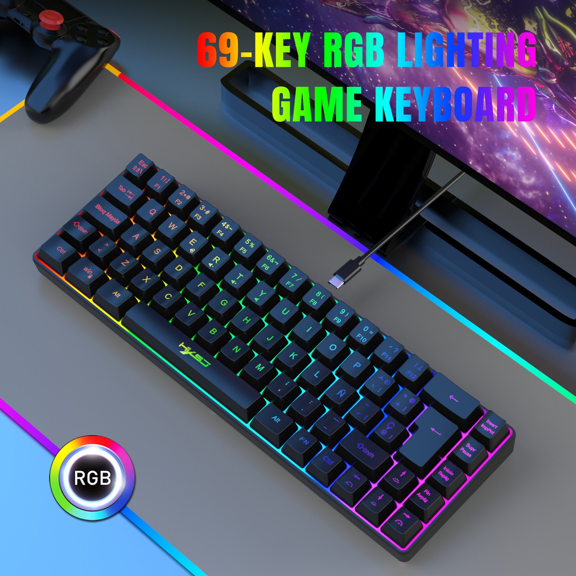 New arrival HXSJ V200 68-key Spanish durable slient RGB luminous ABS two-color injection Type-C gaming keyboard for laptop pc