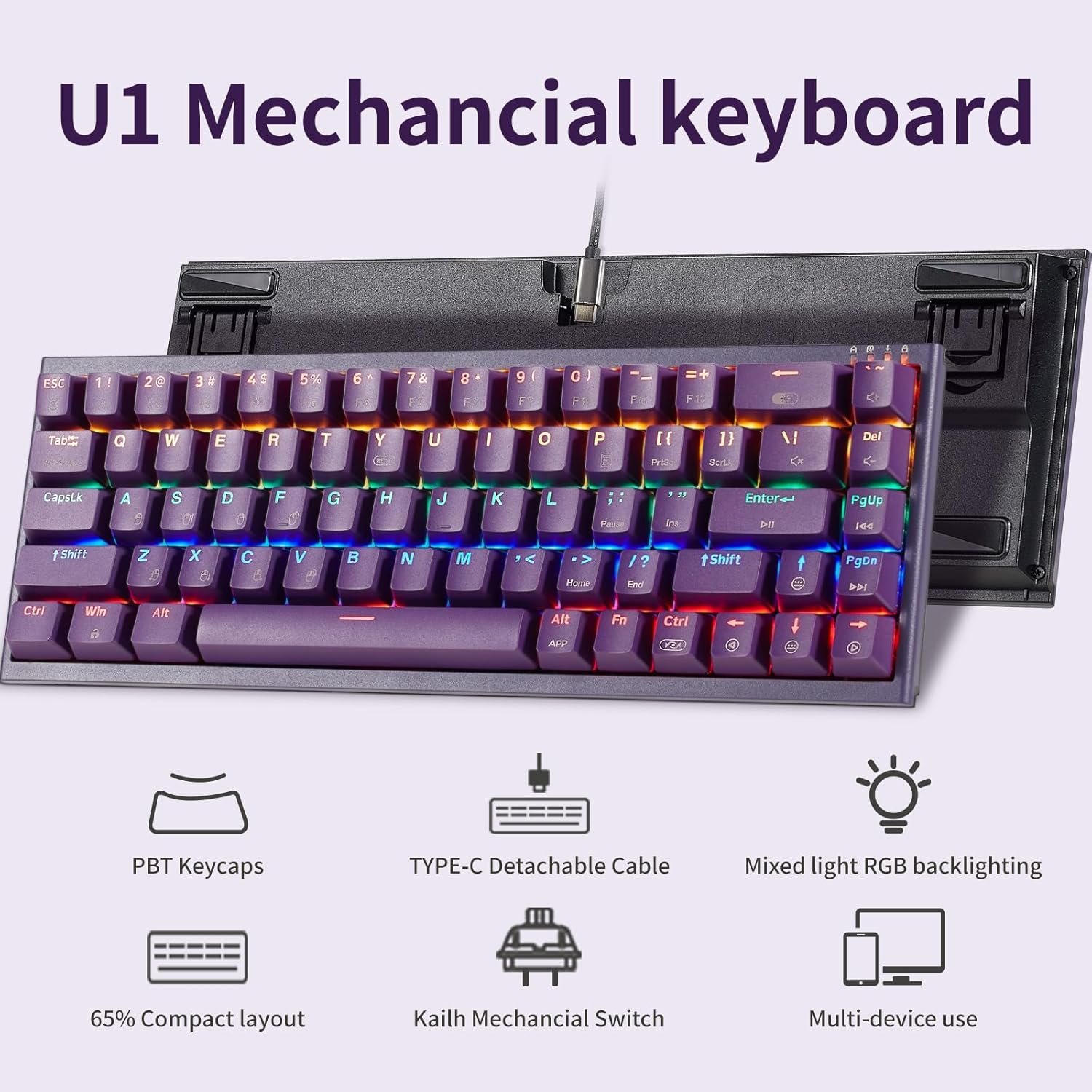 Cheap 68 key RGB backlit ergonomic design usb type C connected keyboard gaming computer mechanical keyboard for laptop