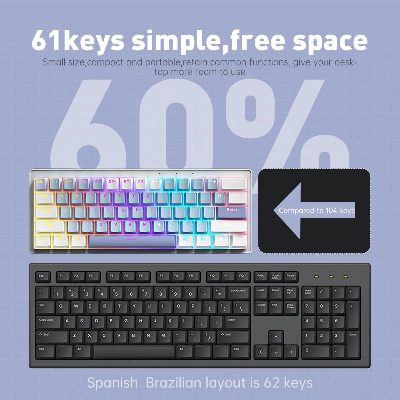 Wired 61 key tkl mechanical keyboard gaming mechanical spanish russian language unbranded gaming keyboard 100% gaming keyboard
