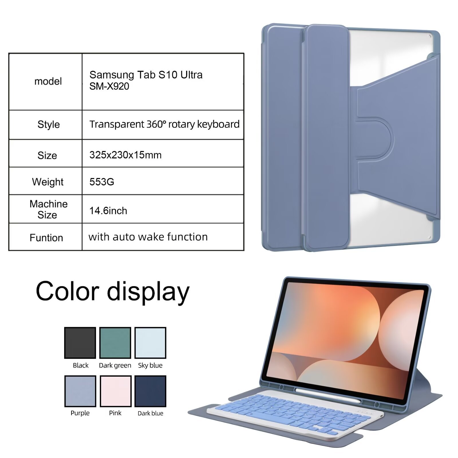 360 rotating New Keyboard Case for Samsung Galaxy Tab S10 Ultra SM-X920 14.6 inch 2024 Clear Back Shockproof tablet Cover