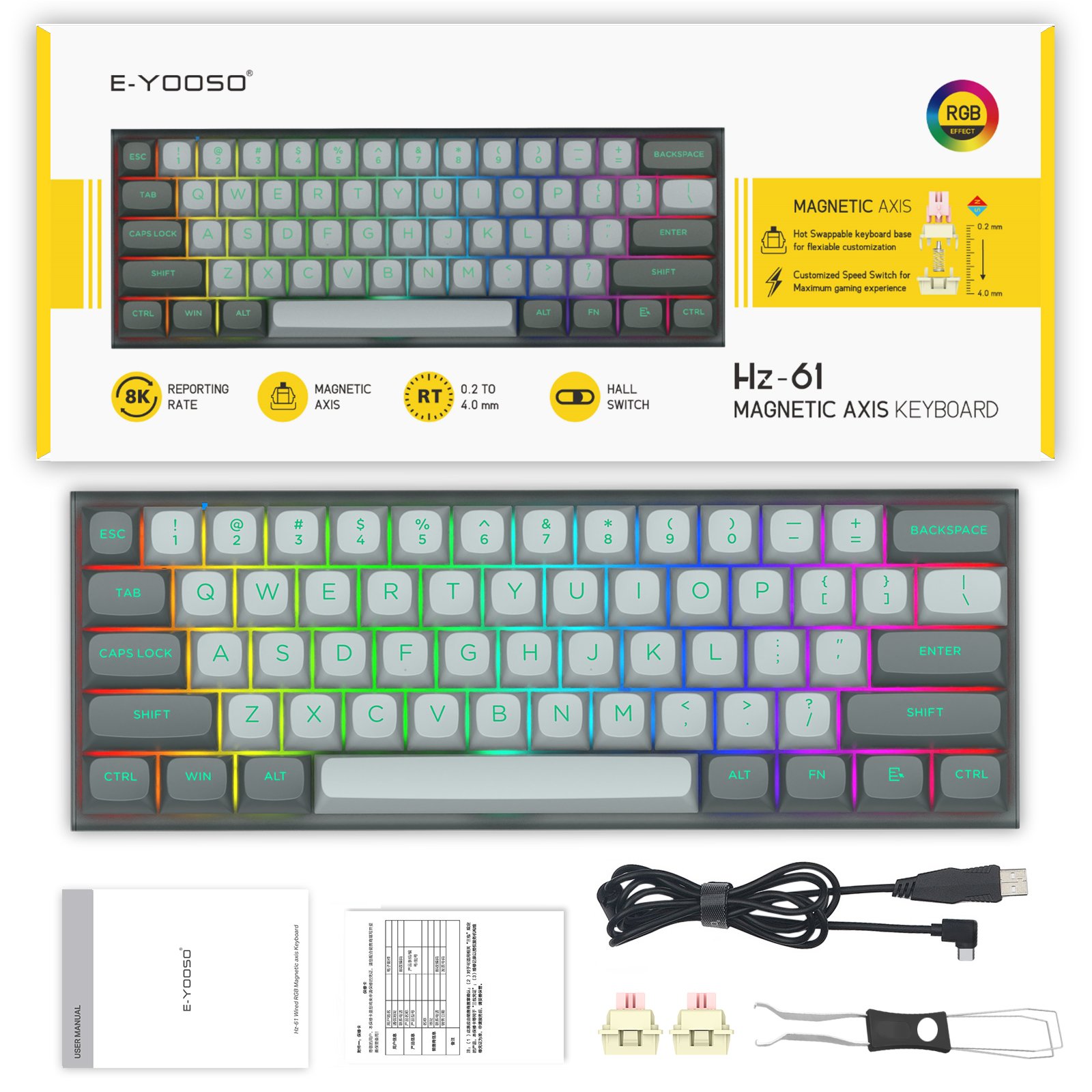 Factory direct sale 60% Key RGB Wired USB Keyboard Linear adjustable Magnetic Axis Switch EYOOSO Gaming Mechanical Keyboard
