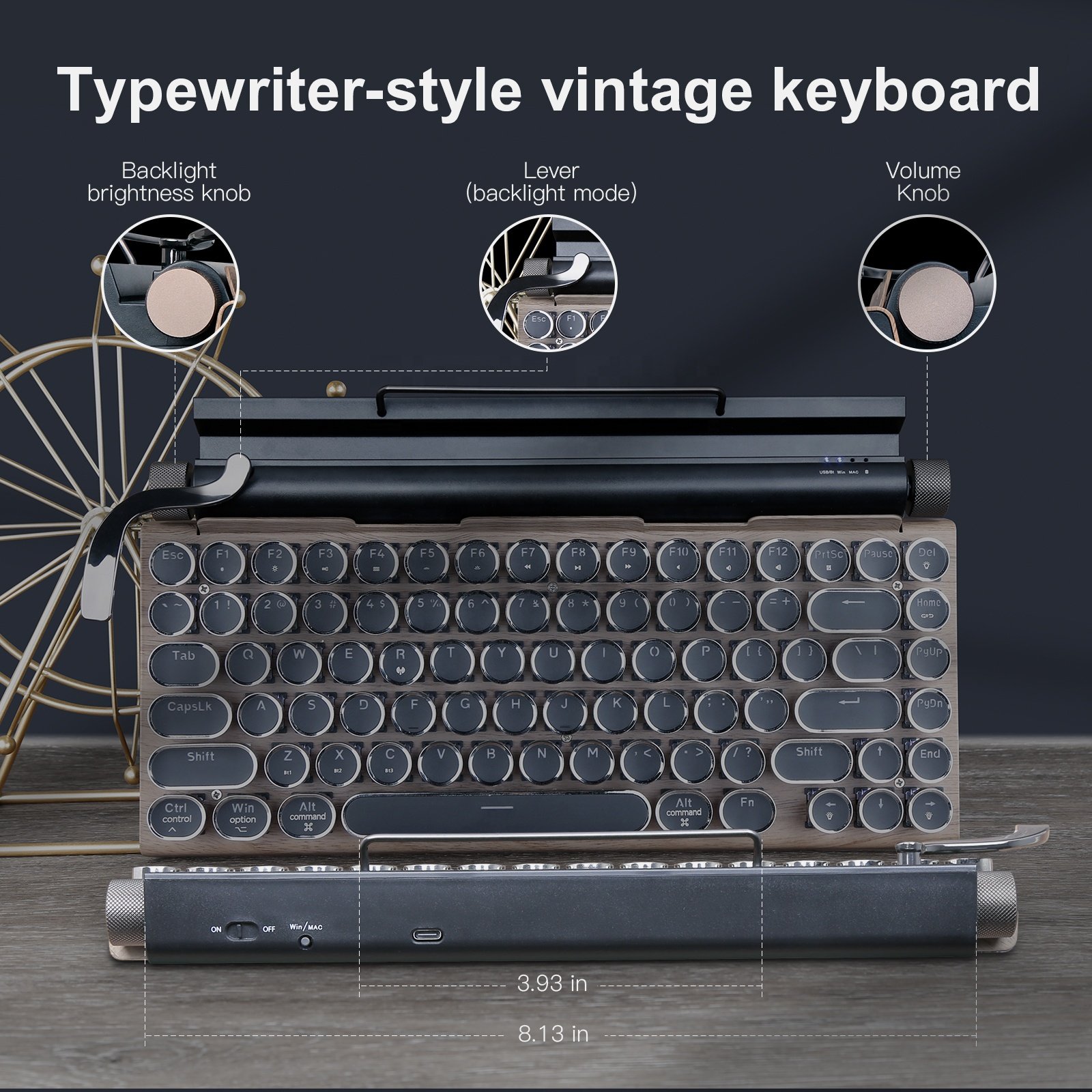 Classical Wooden Punk Round Keys Upgraded Multi Functional Retro 83 Keys RGB Typewriter Blueteeth Mechanical Keyboard for Tablet