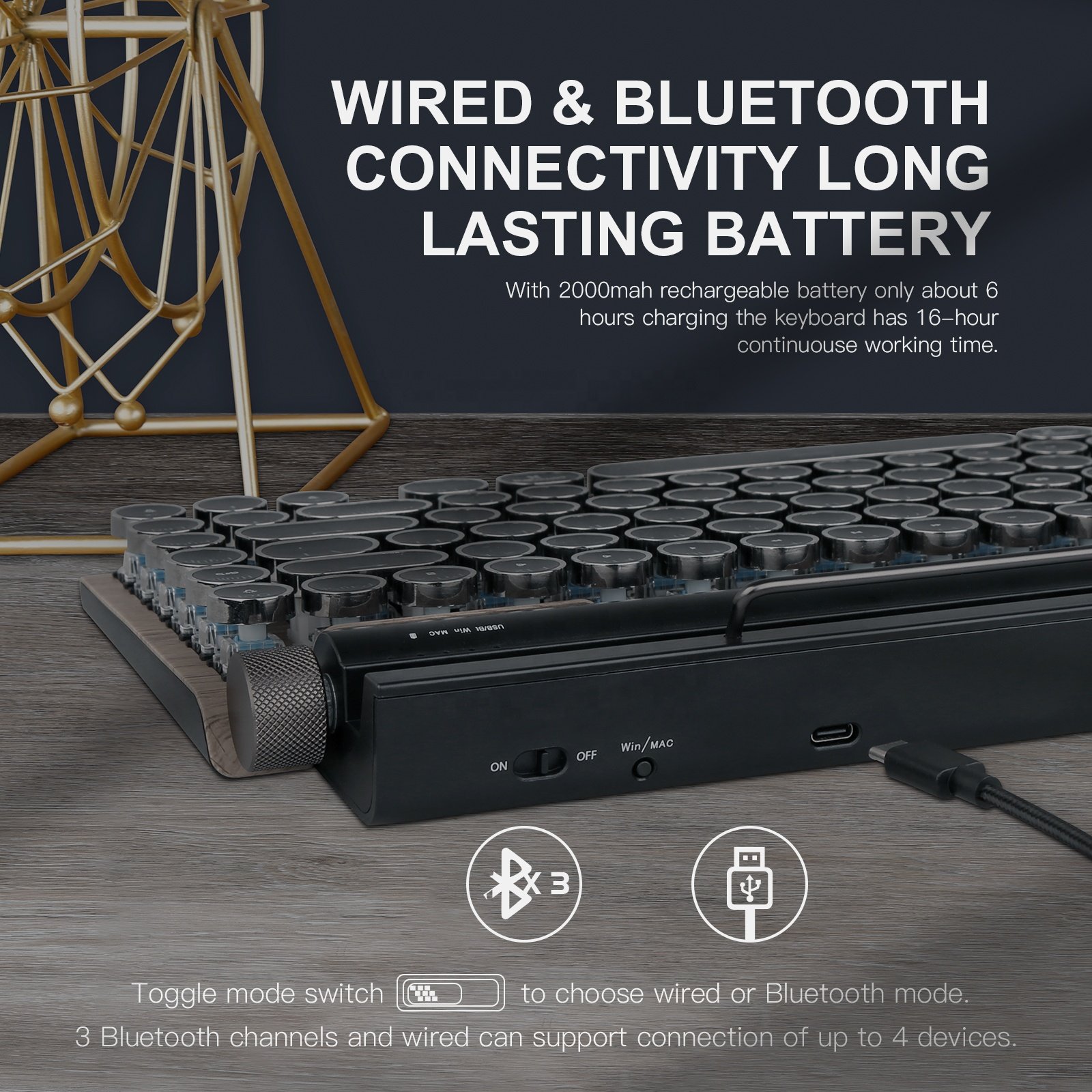 Classical Wooden Punk Round Keys Upgraded Multi Functional Retro 83 Keys RGB Typewriter Blueteeth Mechanical Keyboard for Tablet