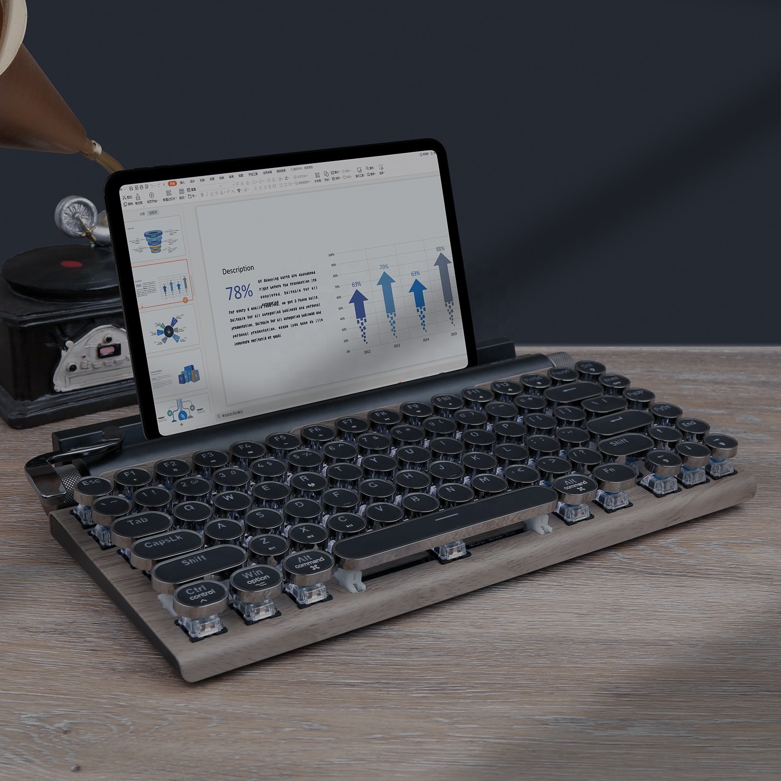 Classical Wooden Punk Round Keys Upgraded Multi Functional Retro 83 Keys RGB Typewriter Blueteeth Mechanical Keyboard for Tablet