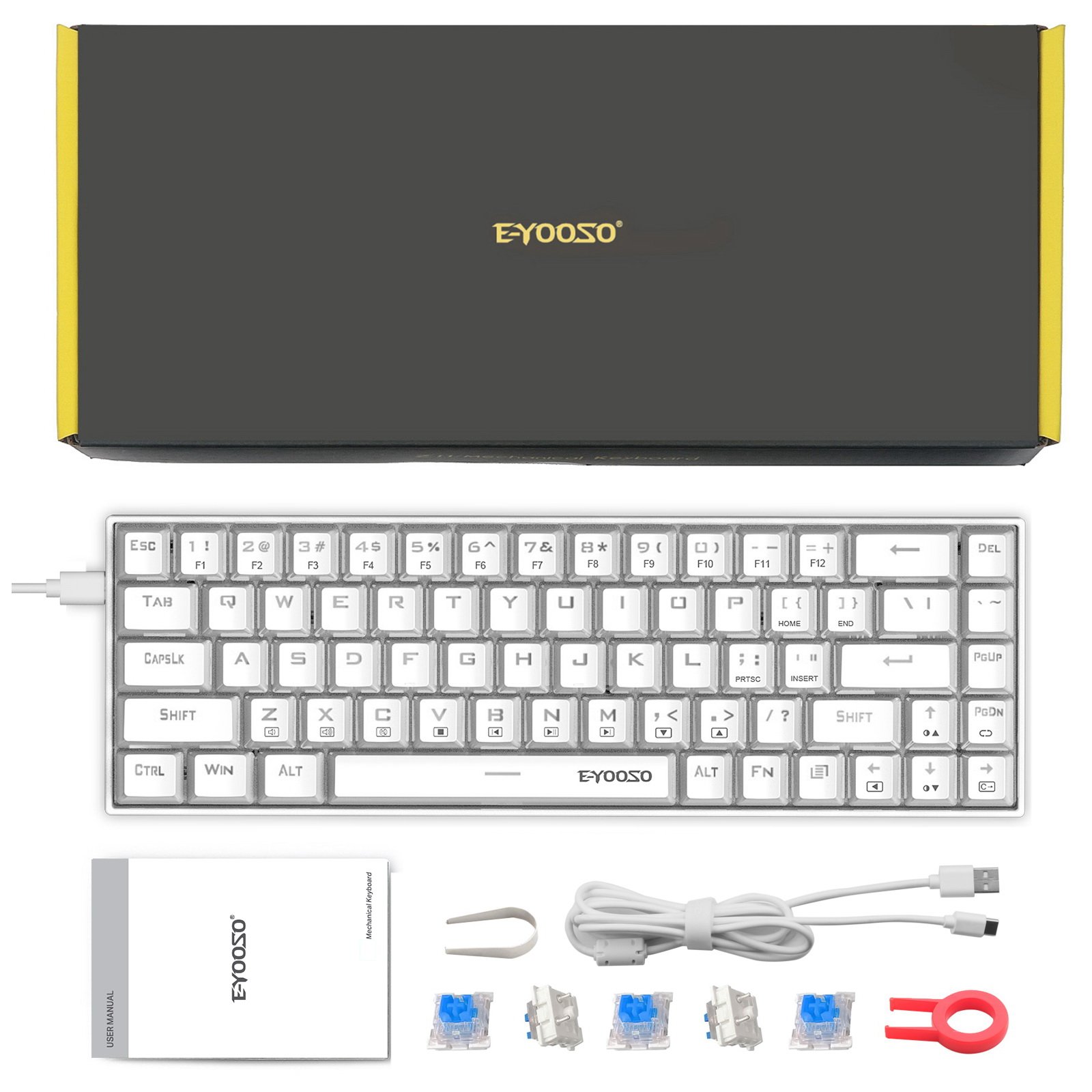 RGB Backlit 68-Key Wired Mechanical Portable Gaming Keyboard 2-Color Key Cover with Dual Lens Easy Clean Waterproof Features