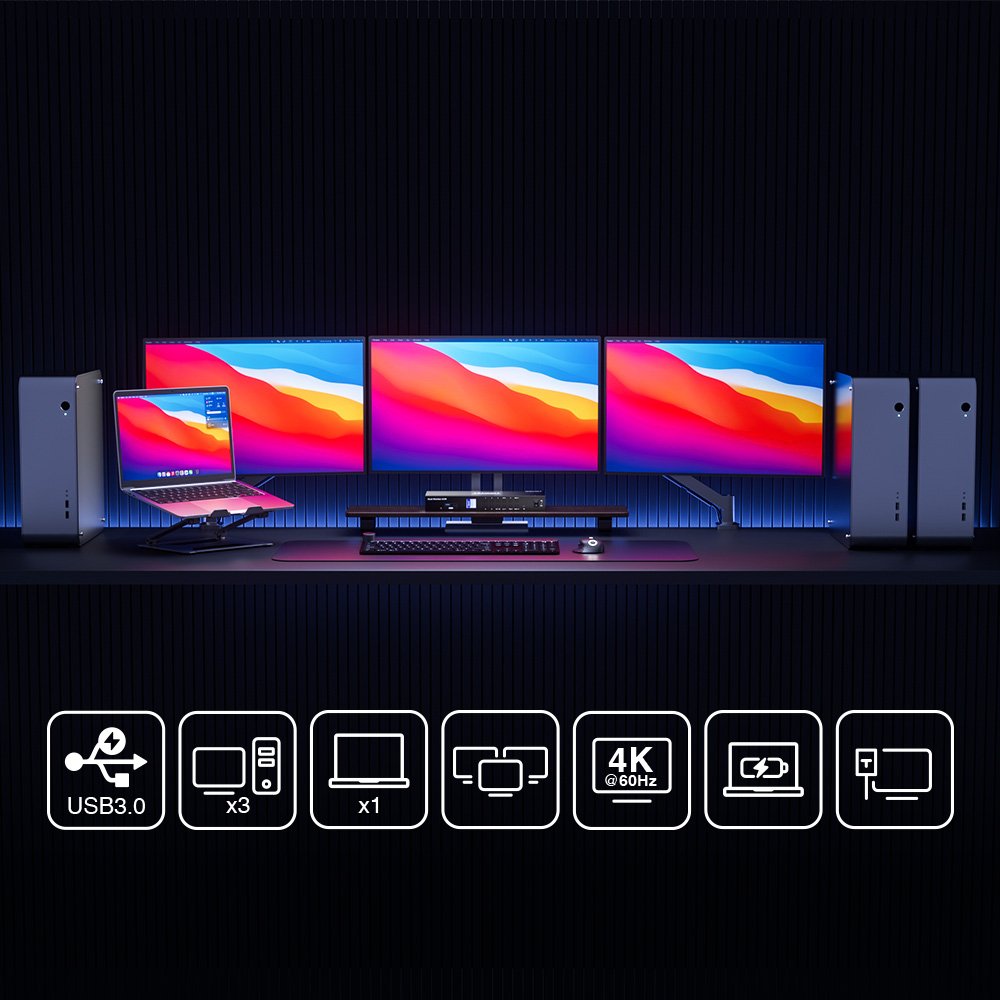 TESmart Triple Monitor MST KVM Docking Station Kit Support 4K60Hz EDID for 1 Laptop & 3 PCs USB 3.0 4x3 KVM Switch