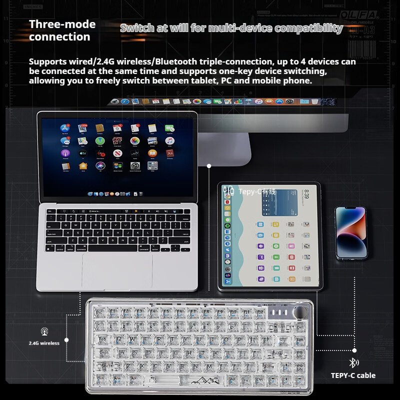 EWEADN V99 Hot Swappable 2.4G Wireless Wired Transparent RGB LED switch mechanical keyboard with TFT screen Display