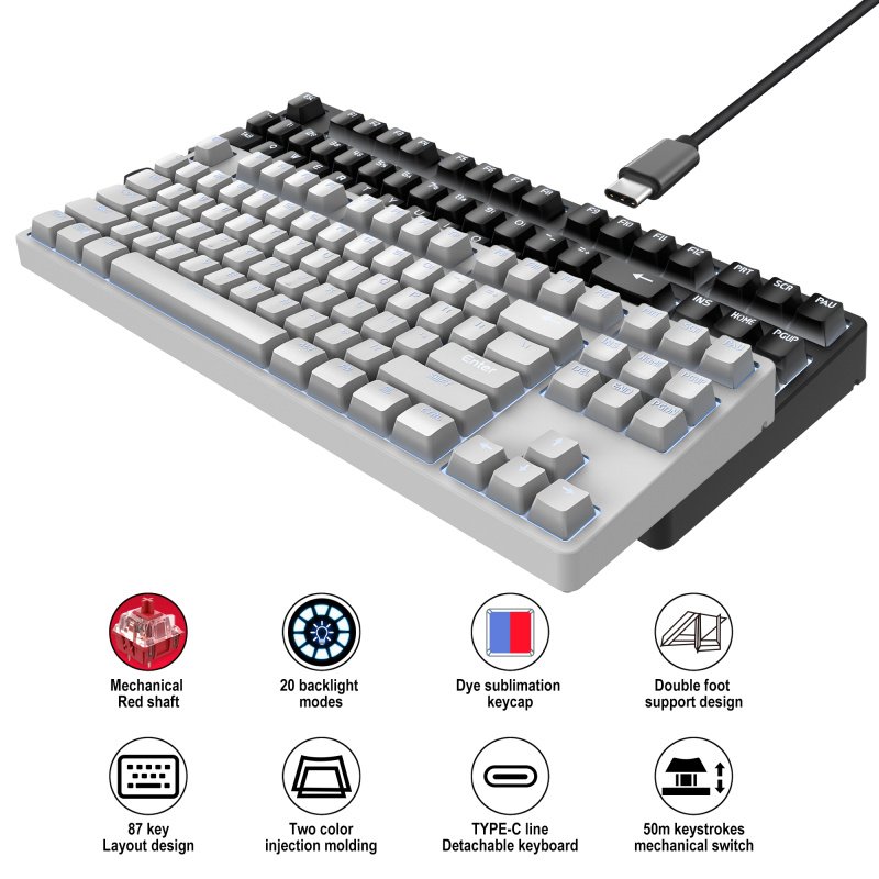 Newest Mechanical Gamer Keyboard Wired 87 Key Red Switch LED Backlight Hot-swappable Type C for Laptop