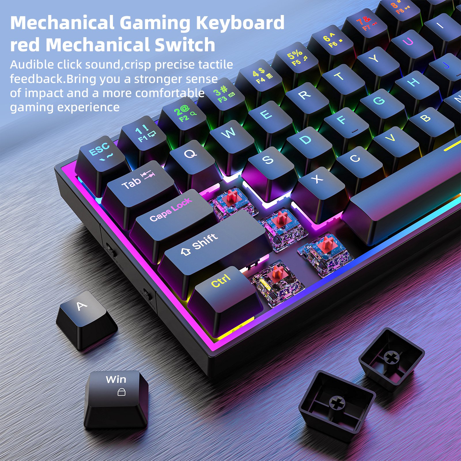 68 Keys Hot Swappable Wired Gaming Keyboards 24 RGB Backlit Modes Red Switch Ergonomic Mechanical Gaming Keyboard