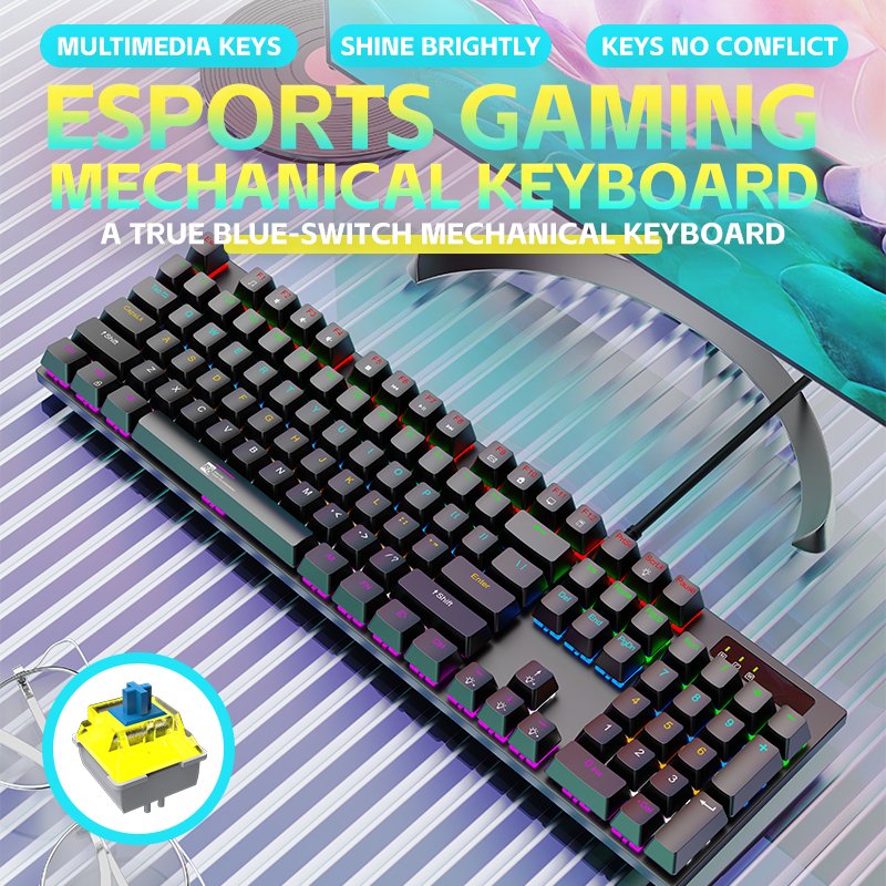 R8 104 Keys Wired Blue Switch Mechanical Keyboard 9 Modes RGB Light Gaming Keyboard Accept OEM Customized Logo