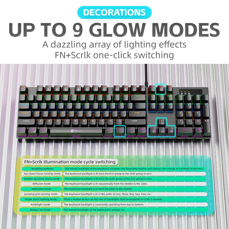 R8 104 Keys Wired Blue Switch Mechanical Keyboard 9 Modes RGB Light Gaming Keyboard Accept OEM Customized Logo