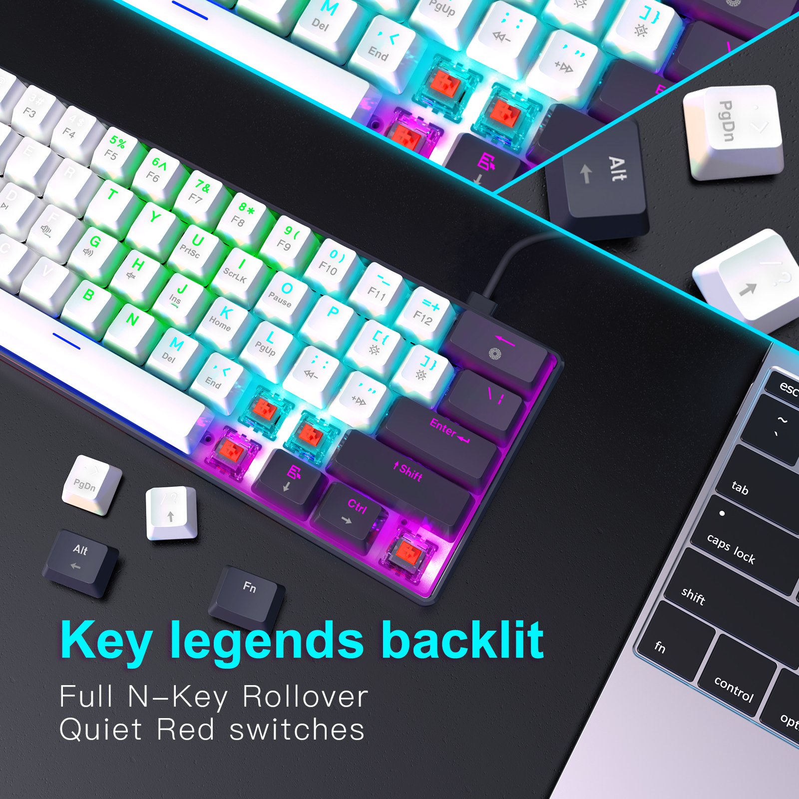 Portable 60 Percent Keyboard Switchable Colorful Backlit Outenu Red Switch Compact 61 Keys Mini Mechanical Keyboard for PC Mac